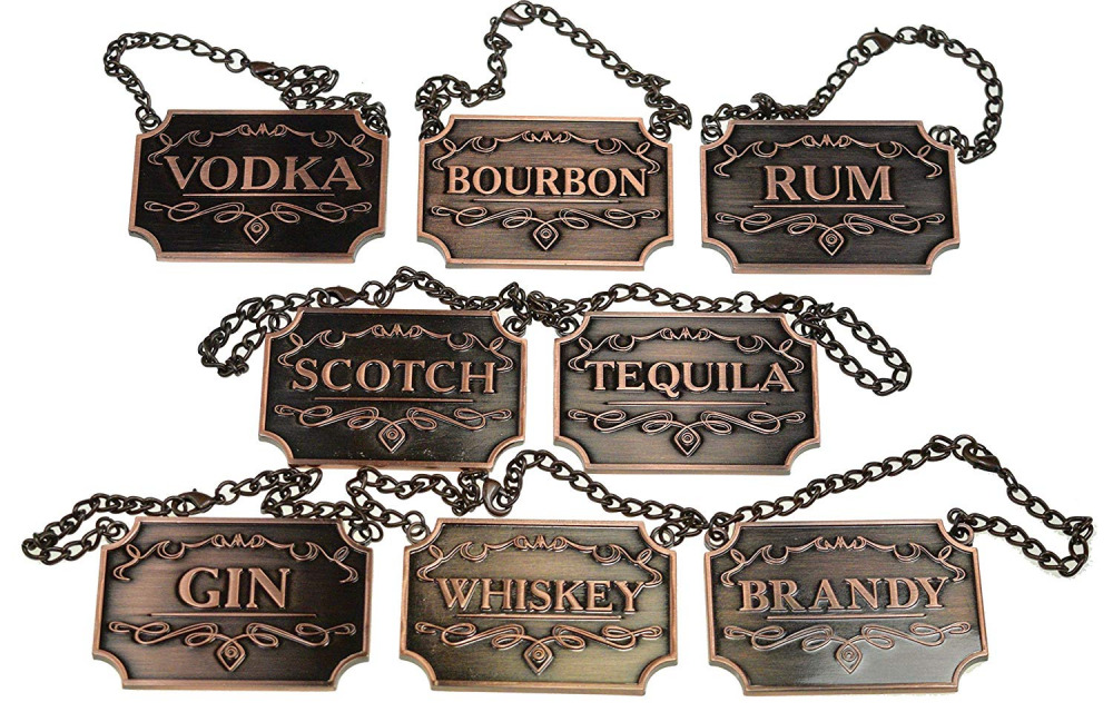 Liquor Decanter Tags Labels Set of 8-pcs Whiskey Bourbon Scotch Gin Copper New