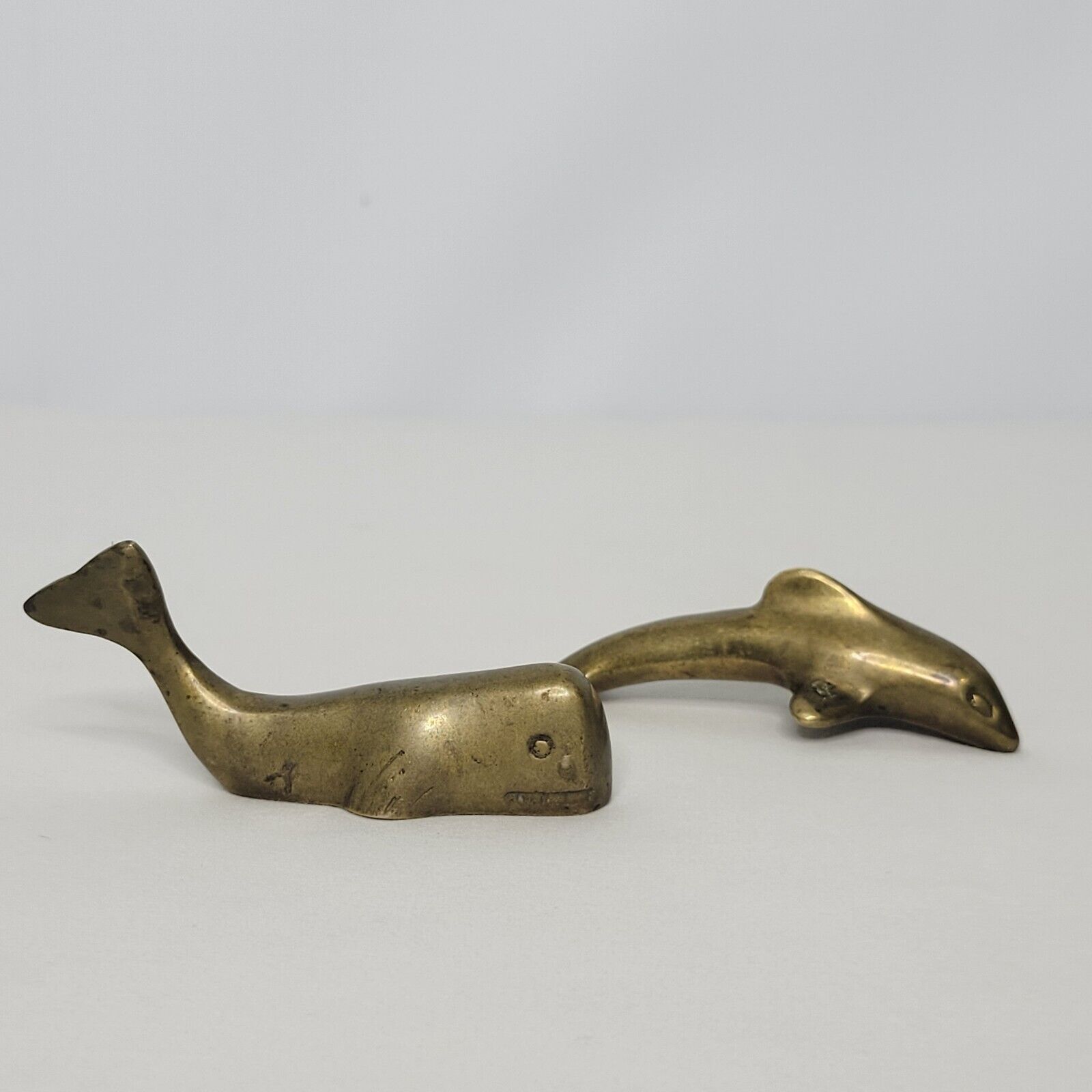 Pair of Vintage Mini Brass Figurines Whale and Dolphin Fish Nautical 3\