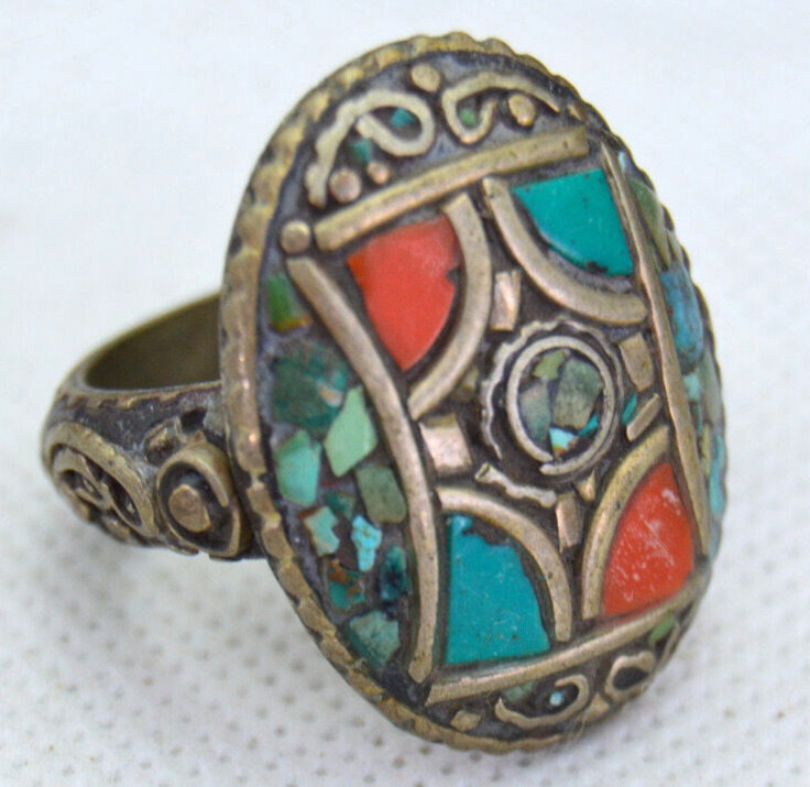 ANCIENT BRONZE ANTIQUE RING WITH TURQUOISE STONES AMAZING VERY STUNNING SIZE 9