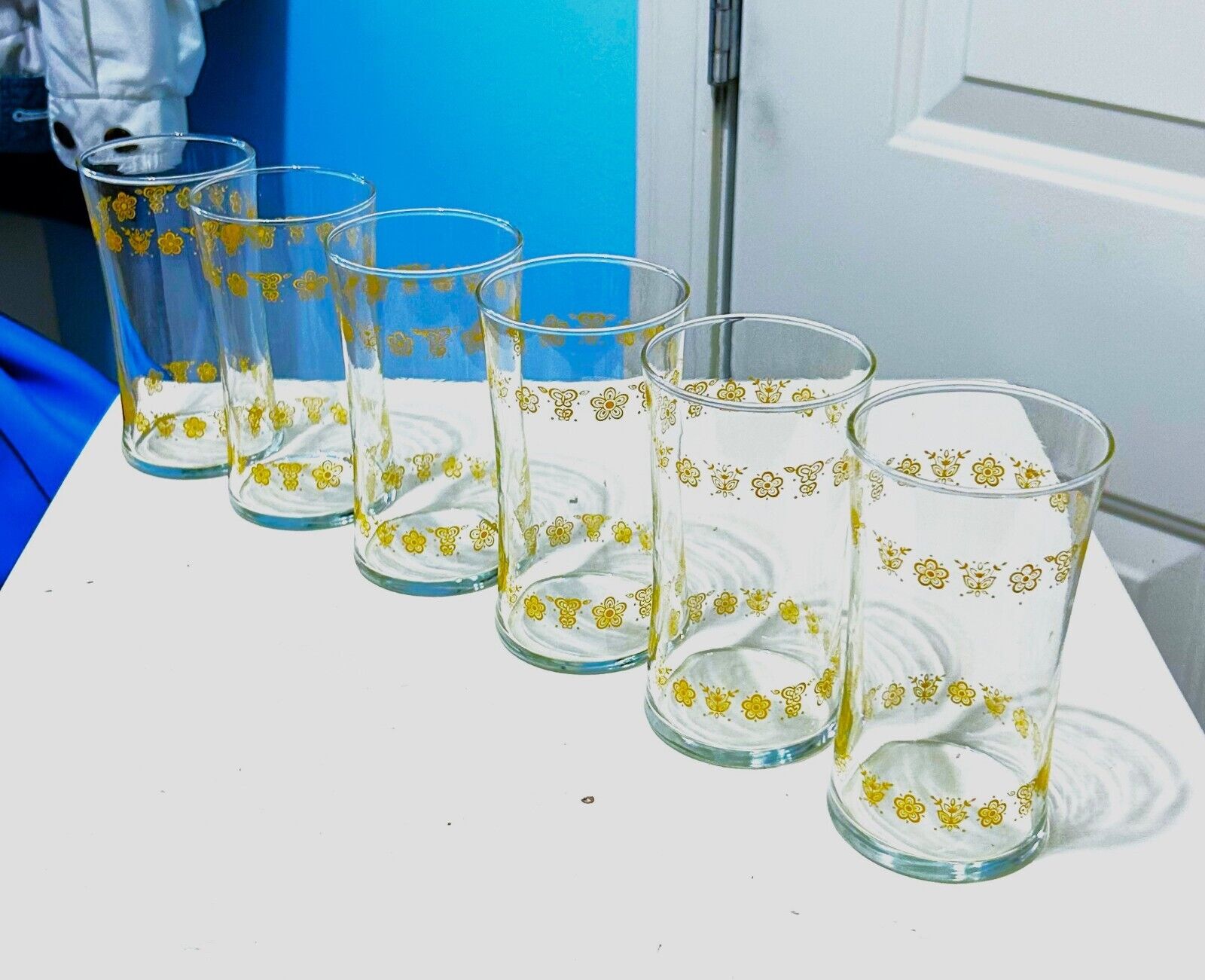 RARE / BEAUTIFUL LOT OF ( 6 ) VINTAGE CORELLE BUTTERFLY GOLD 12 oz FLAT TUMBLERS