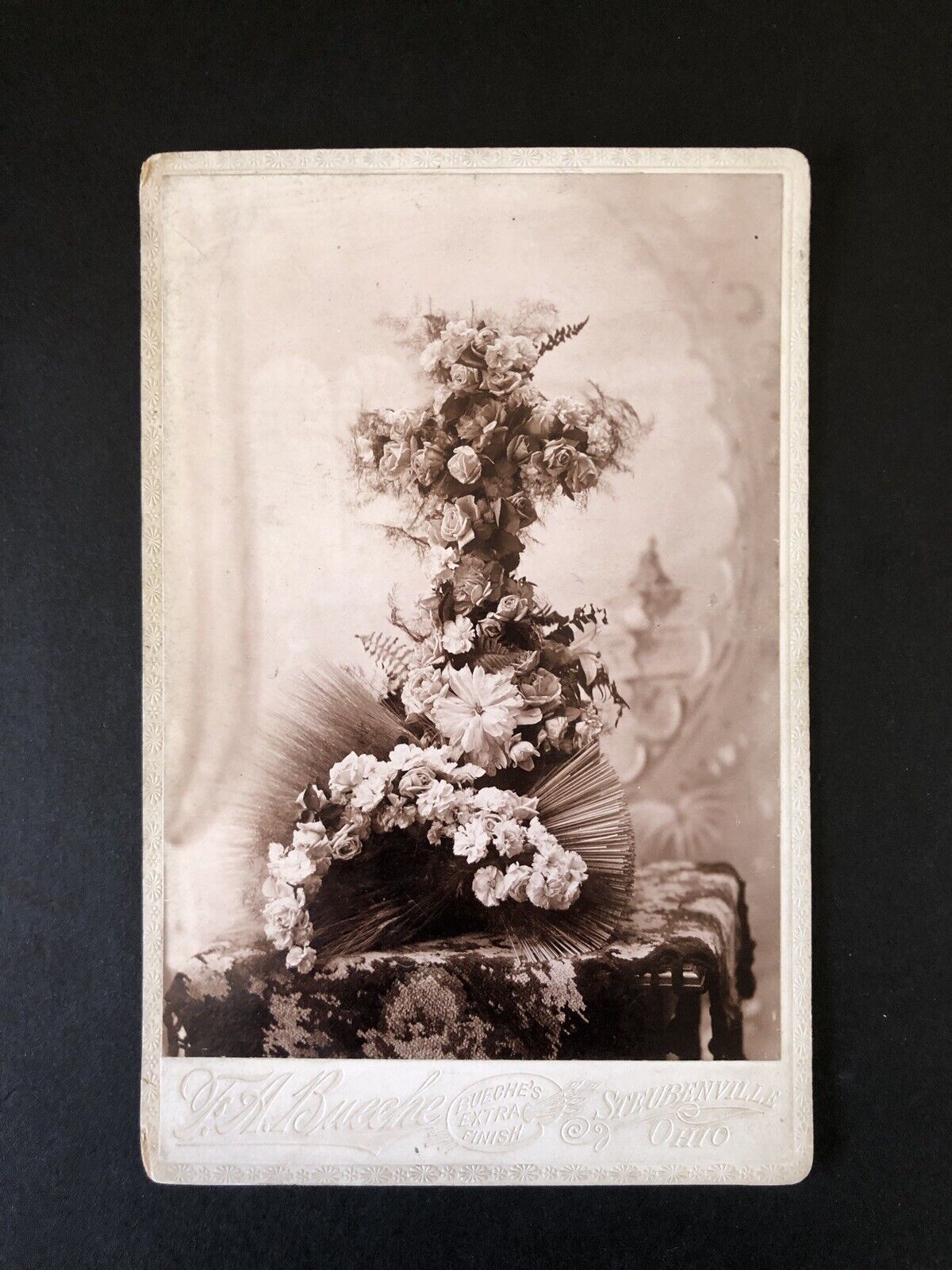 Antique 1890s Funeral Flower Arrangement Cabinet Card Photo Steubenville Ohio 