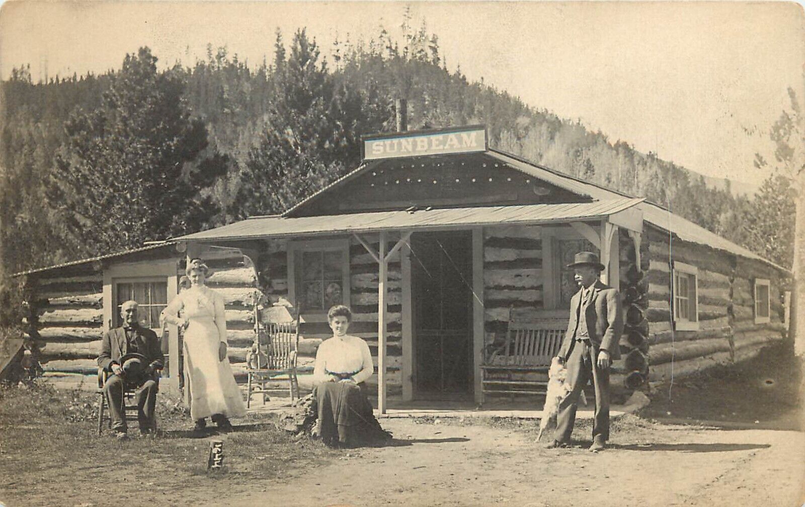 c1910 RPPC Sunbeam ID, People by Log Building, Store or Depot, Custer County