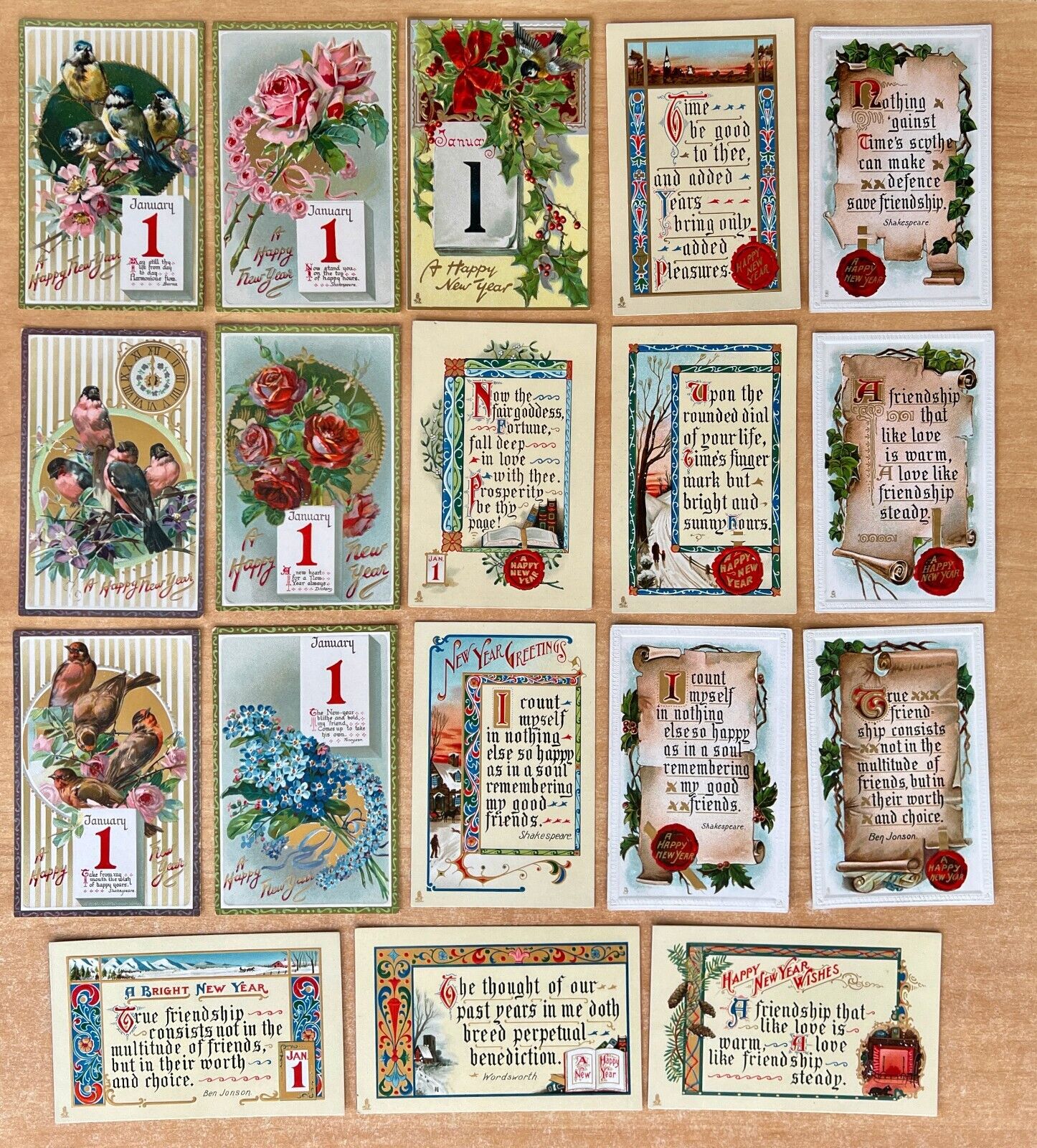 Lot of 18 Antique New Year Postcards ALL RAPHAEL TUCK Florentine BIRDS Flowers