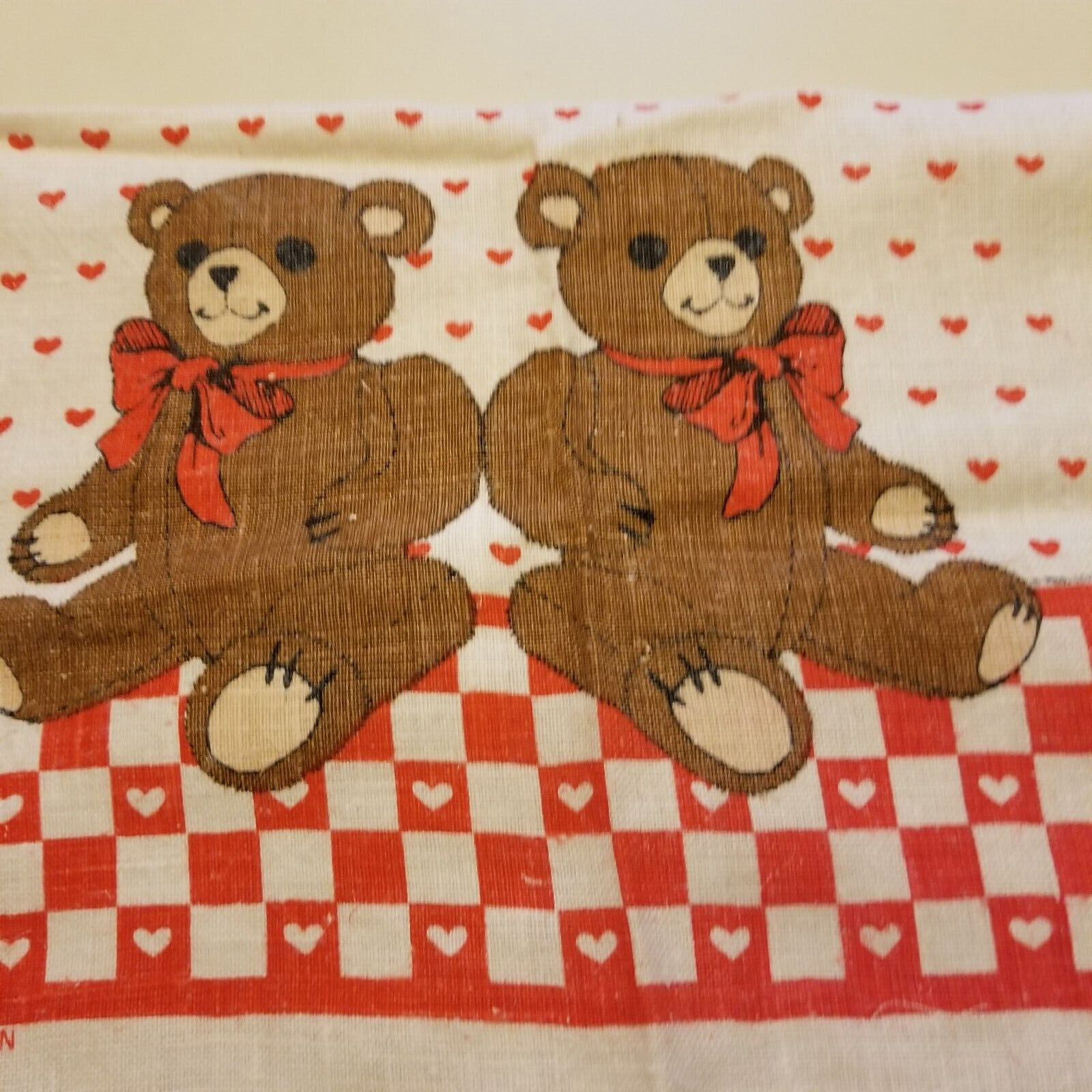 Vintage Linen Tea Towel Teddy Bears Red Hearts Love Linen Dish Kitchen  READ