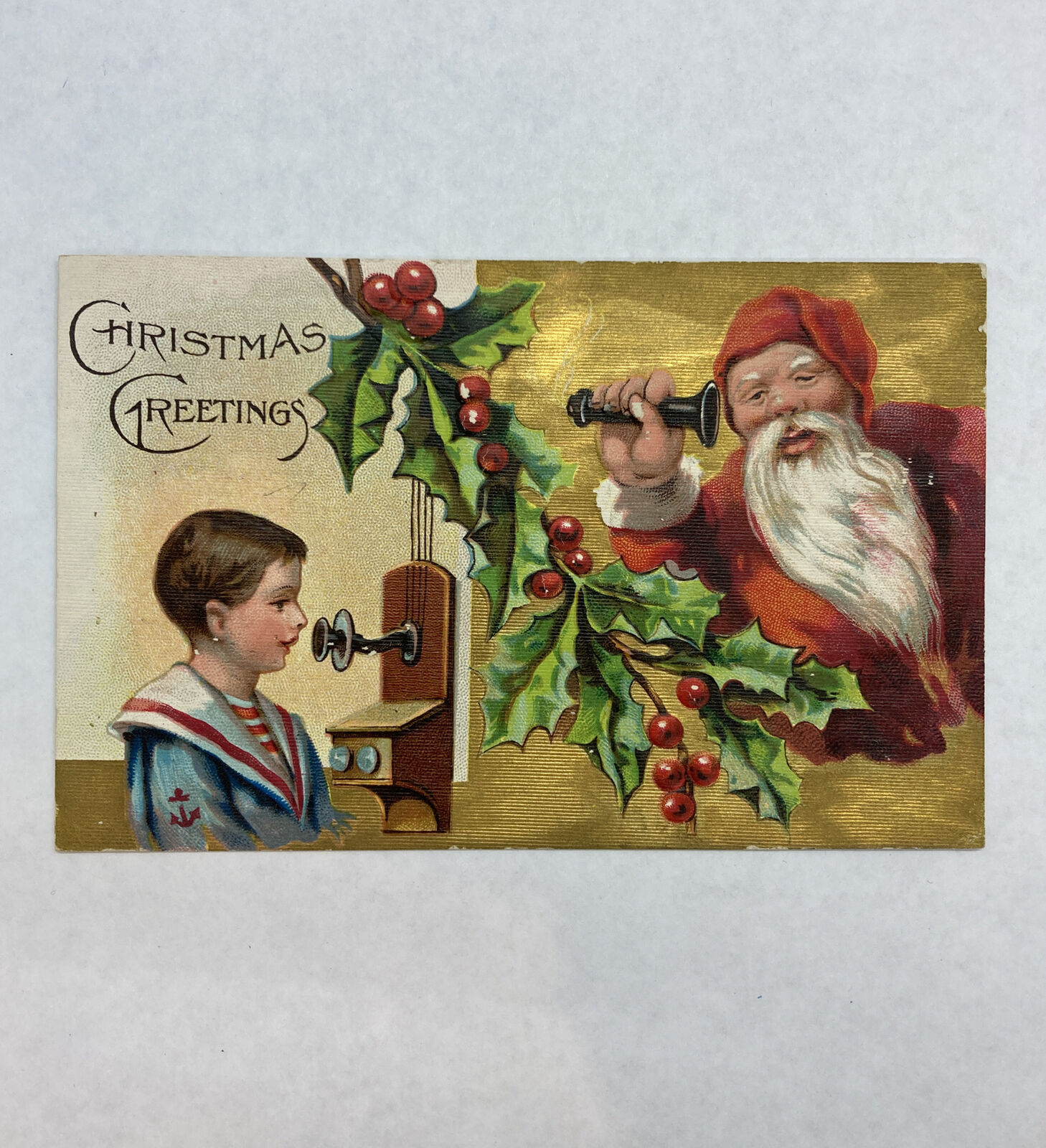 Christmas Santa Claus  & Little Boy, Phone  Vintage Postcard / Rare Nice