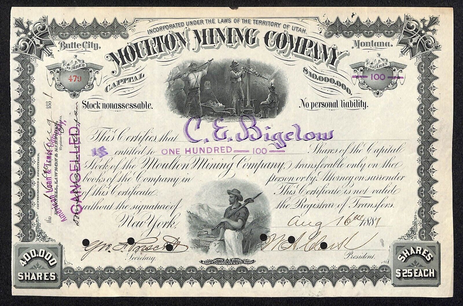 Moulton Mining Company Butte City 1887 Stock Certificate 479 C.E. Bigelow