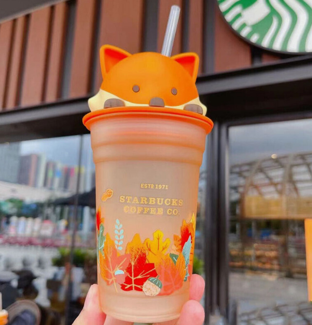 2021 New Starbucks China Cute Fox Maple Leaf 12oz Glass Straw Cup Tumbler Gift