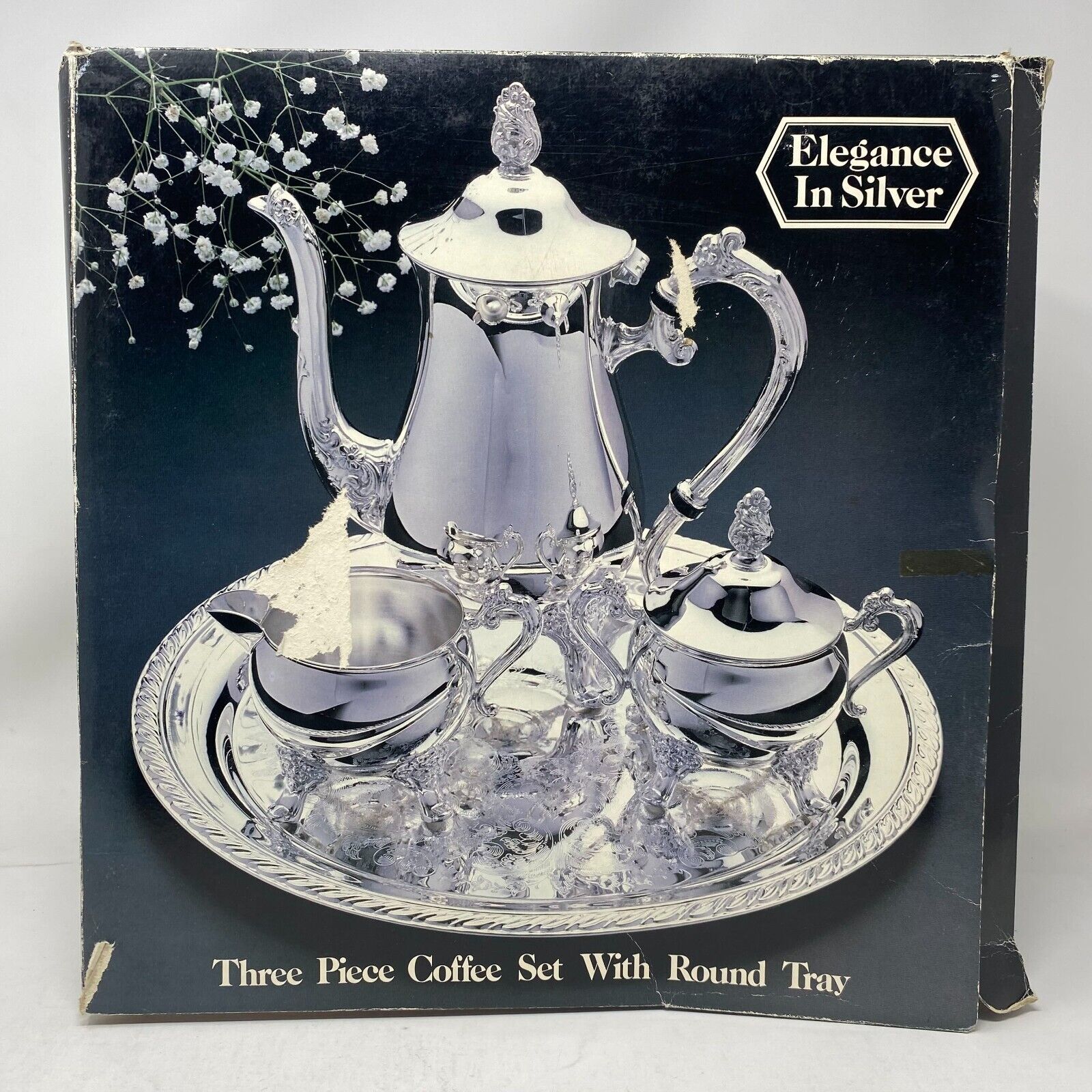 Elegance In Silver Three Piece Tea Coffee Set Round Tray Silver Plated With Box