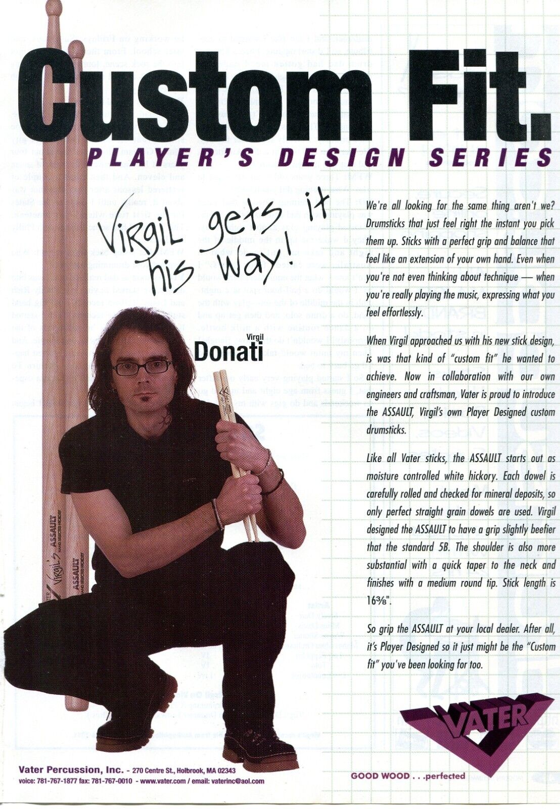 1999 Print Ad of Vater Drumsticks w Virgil Donati