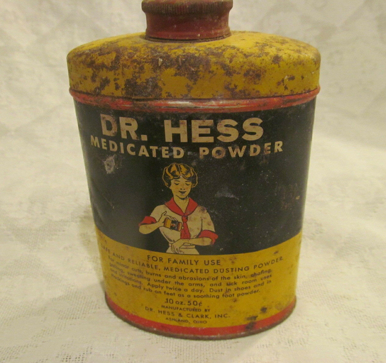 DR HESS MEDICATED POWDER Antique Advertising Tin 1920s~Family~Farm~Horse  10oz