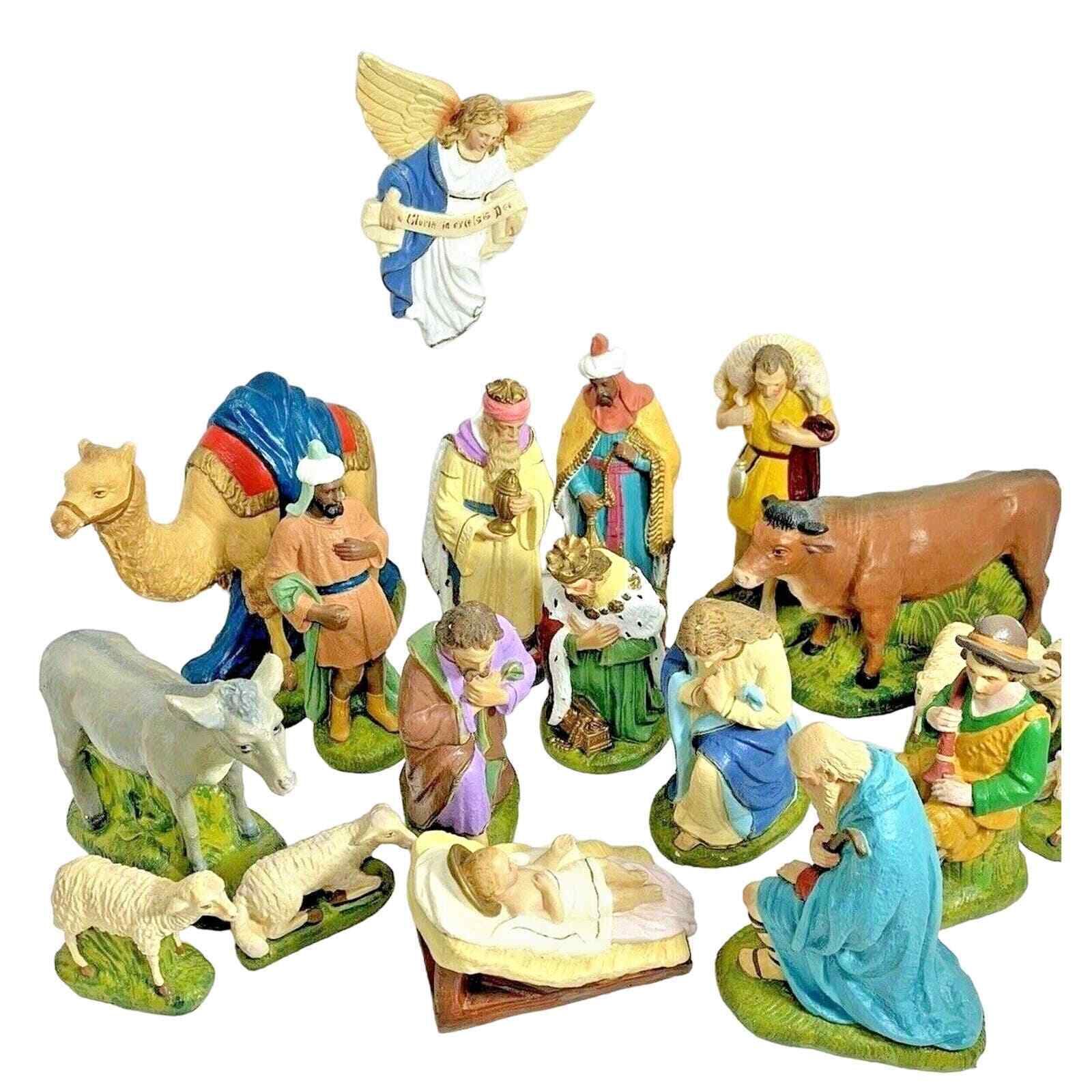 19 Piece Nativity Figure Set Plaster Hand Painted Set 8 in Holy Family Vintage