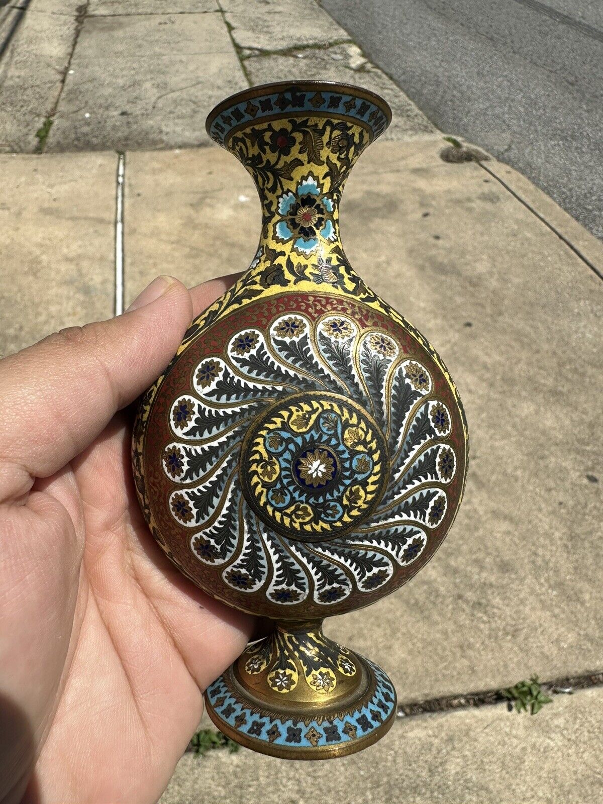 Wonderful Antique French Champleve enamel gilt bronze vase