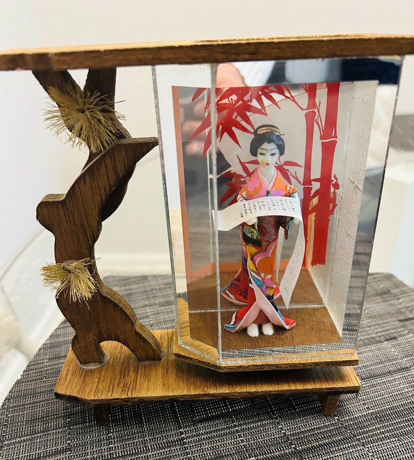 Vintage Japanese geisha girl scene in wooden/glass box .