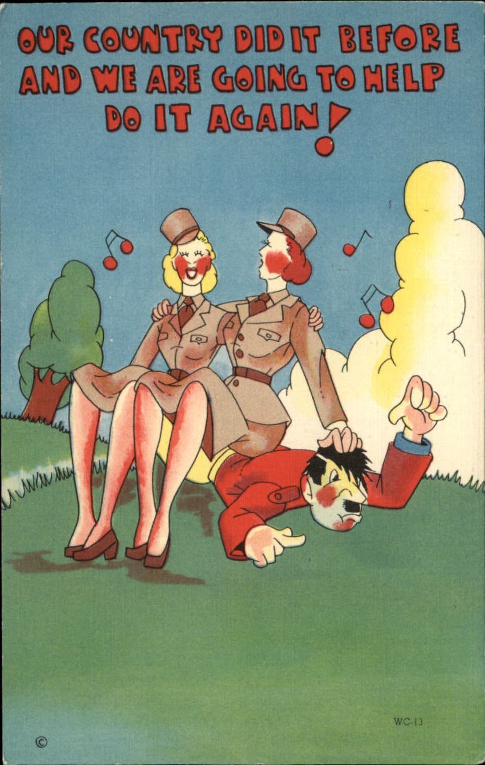 WWII Wacs sit on Hitler 1940s linen comic postcard
