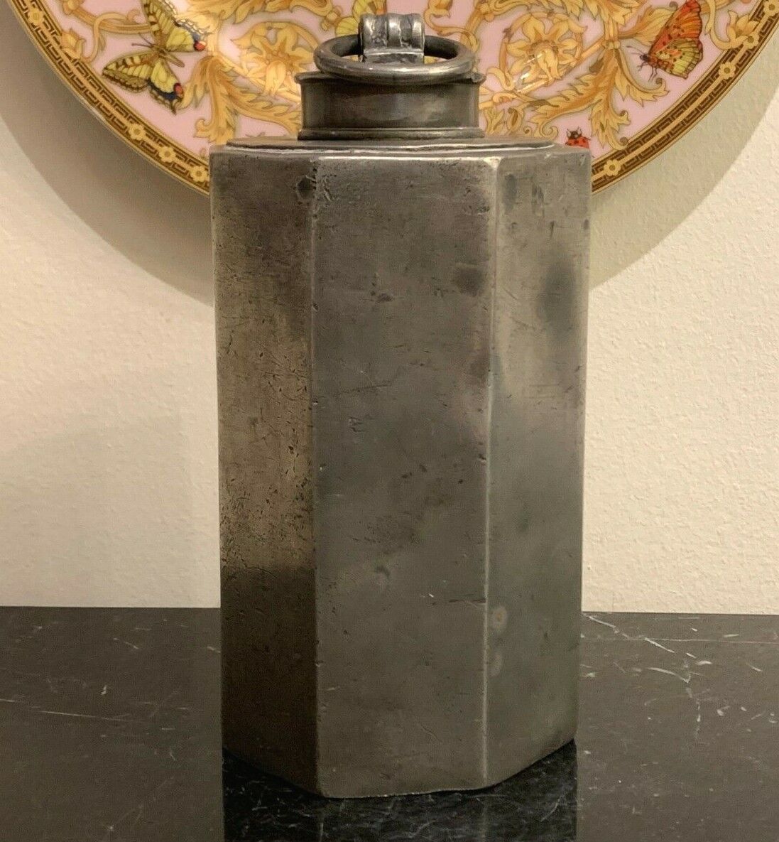 Exceptional Antique Octagonal Screw Top Lidded Pewter Canister