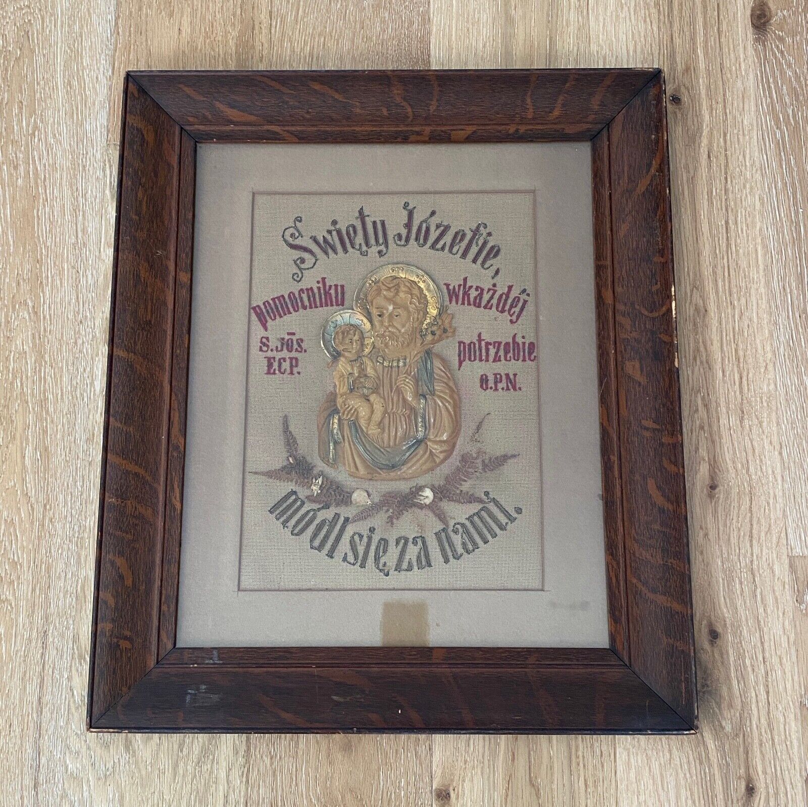 Antique Polish Religious Needlework Art Craft Framed