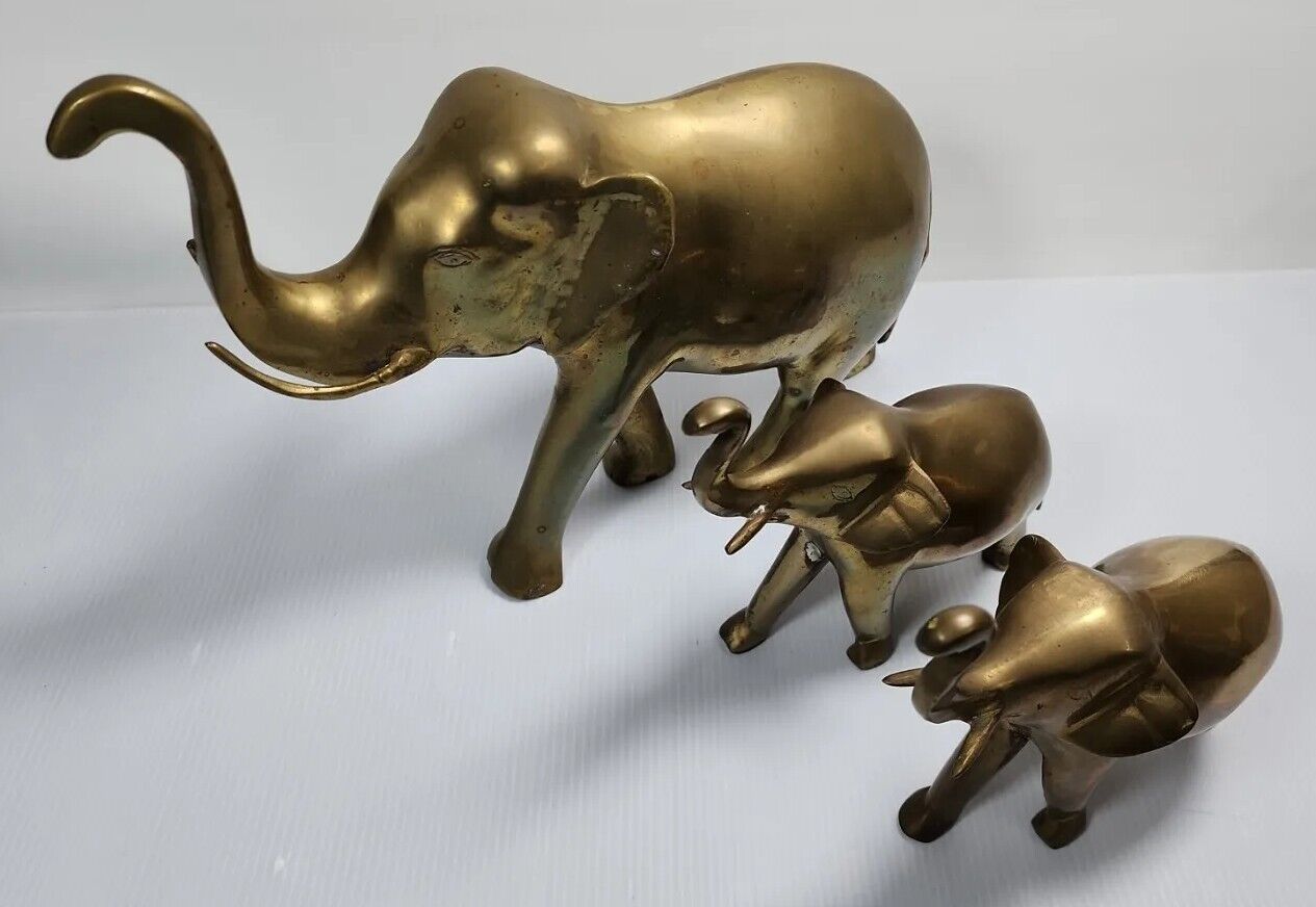 Vintage 3 Heavy Brass Elephant Large Lucky Trunk Up Statue India Figurine 