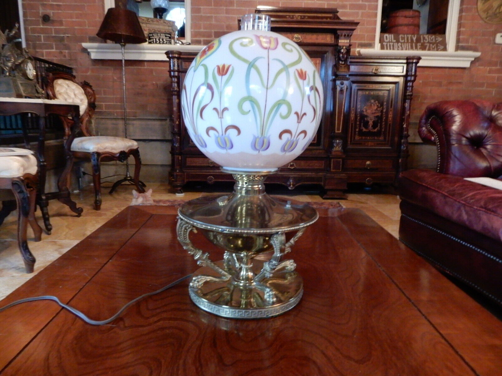 ANTIQUE BRADLEY AND HUBBARD AESTHETIC BRASS KEROSENE LAMP WITH PAINTED SHADE