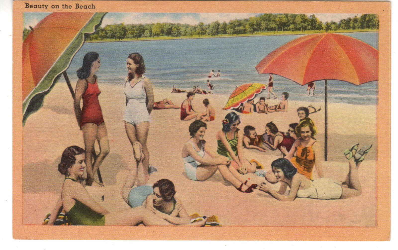 Postcard: Beauty on the Beach - Women in bathing suits; sun umbrellas; c. 1940\'s