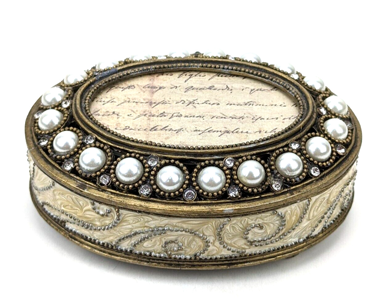 Vintage Metal Iridescent Enamel Faux Pearl Photo Display Trinket Jewelry Box