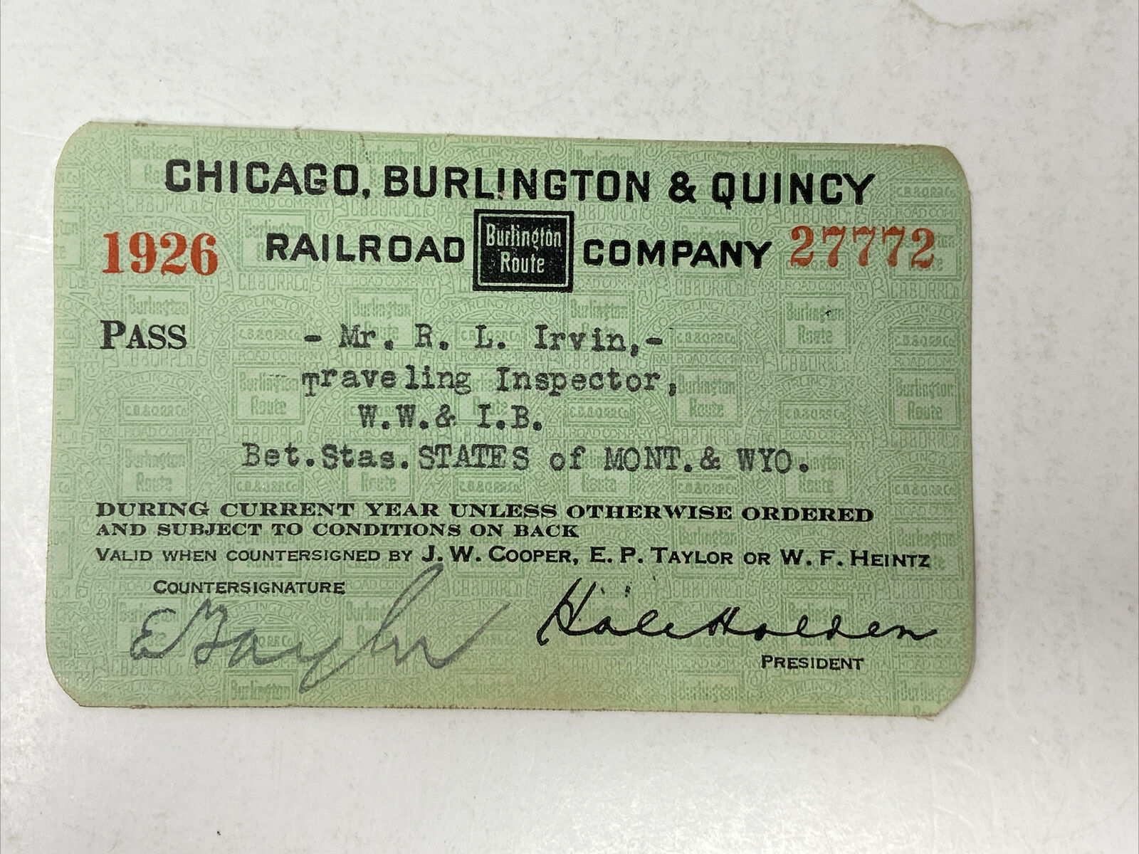 1926 Chicago Burlington & Quincy Railway Railroad Pass Ticket Vintage Antique