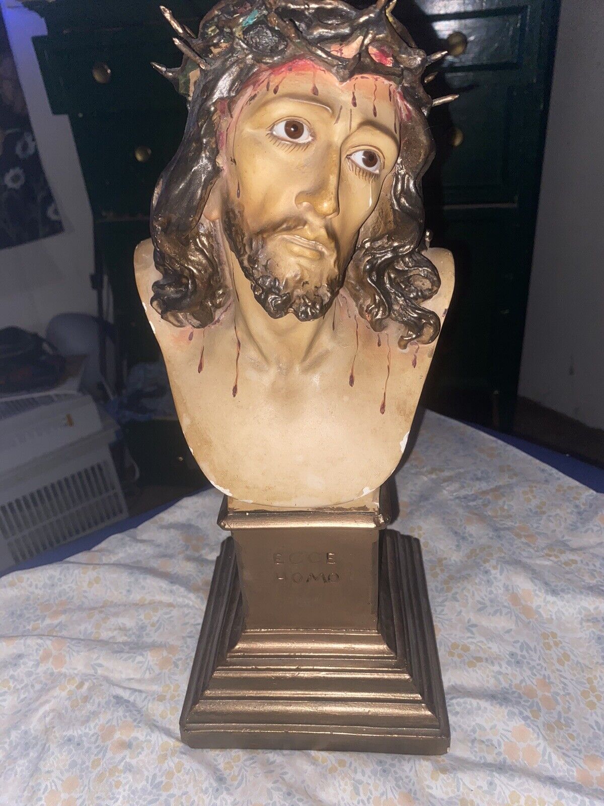 Antique Plaster ECCE HOMO Jesus Christ Behold The Man Bust Catholic Italy 16’