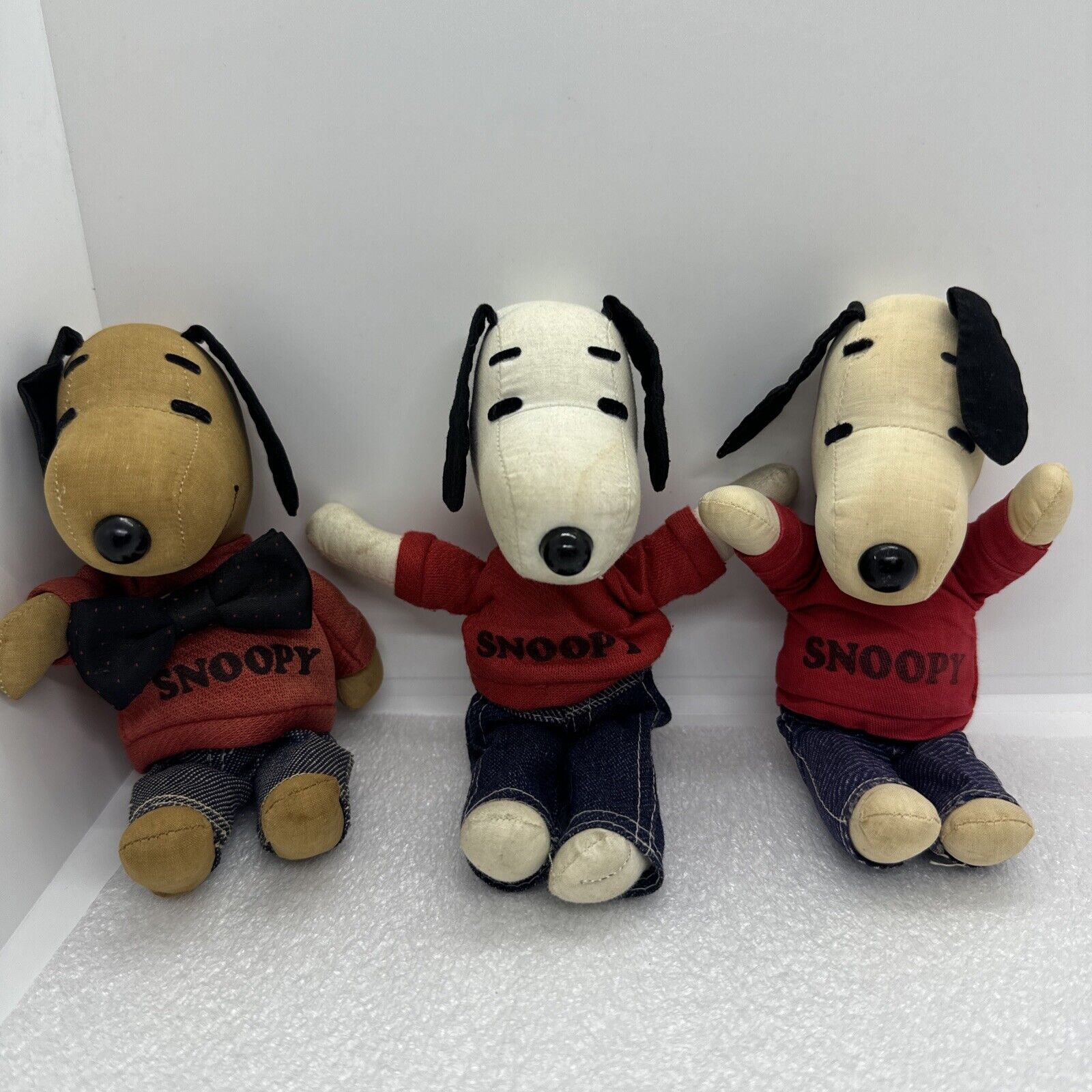 Lot Of 3 Vintage Ideal SNOOPY 7” Rag Doll Plush 1960 & 1968 Red Shirt Jeans