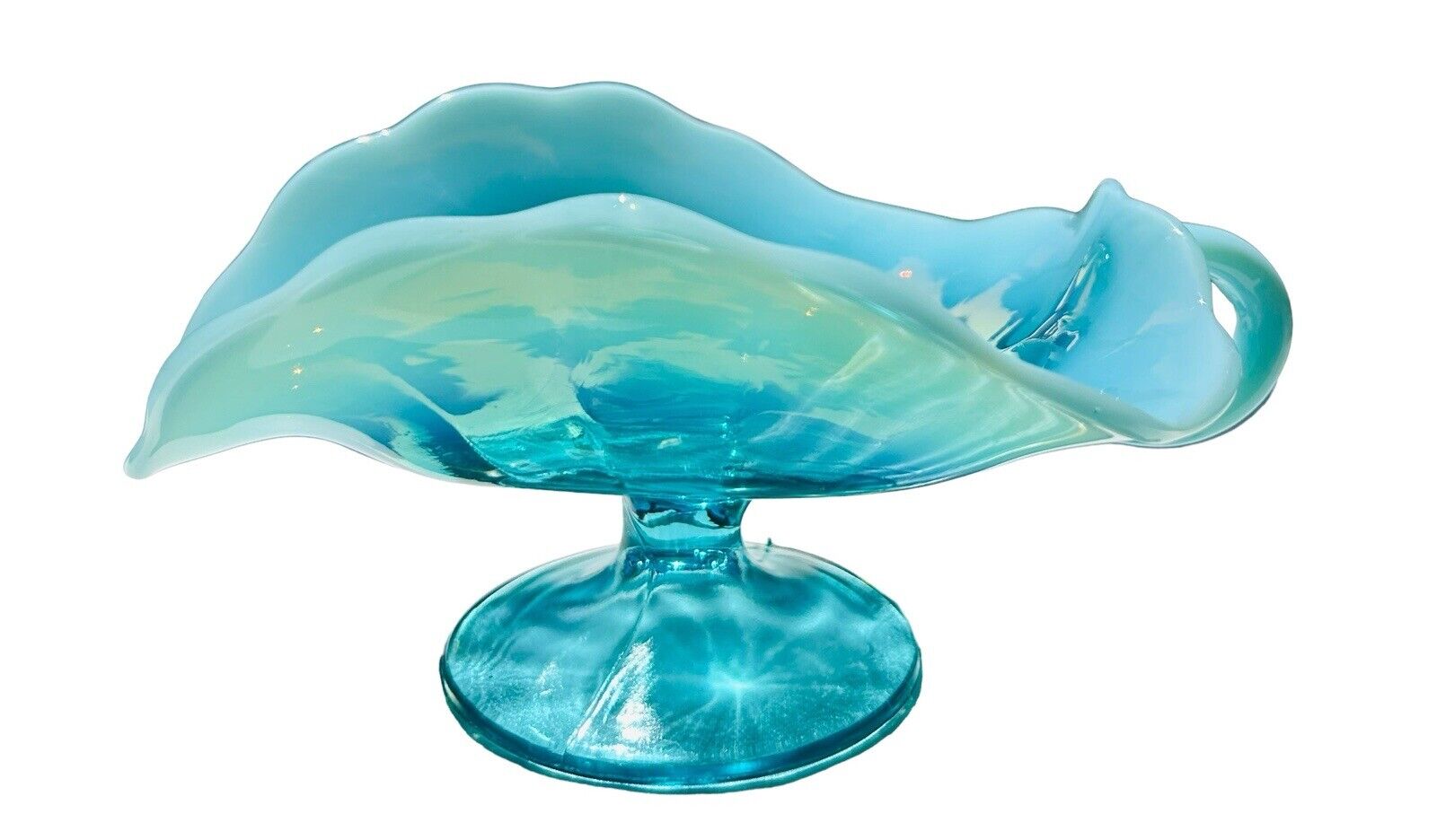 Beautiful Antique Dugan Glass Blue Opalescent Footed Nappy Dish