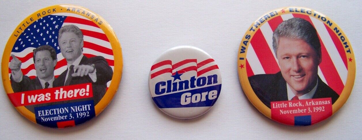 Lot of 3 Bill Clinton / Al Gore pins pinback button I was there election night