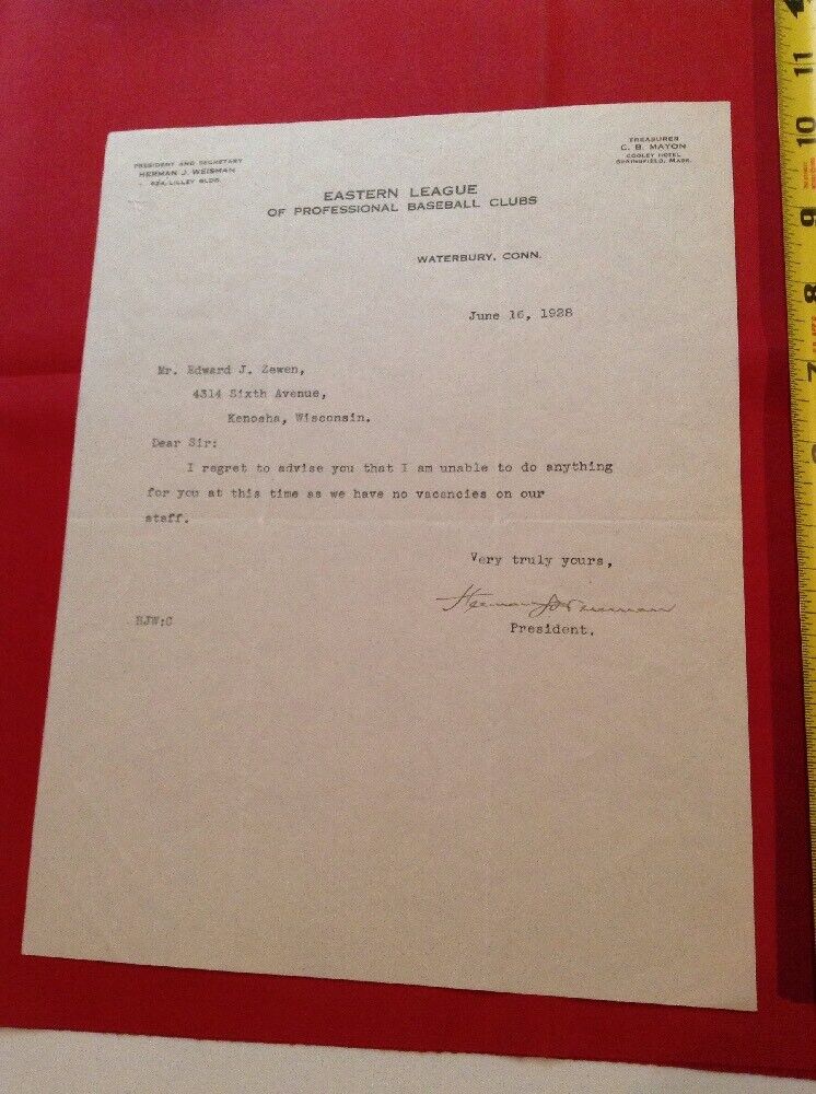 1928 Eastern League Of Professional Baseball Herman Weisman Pres Signed Letter