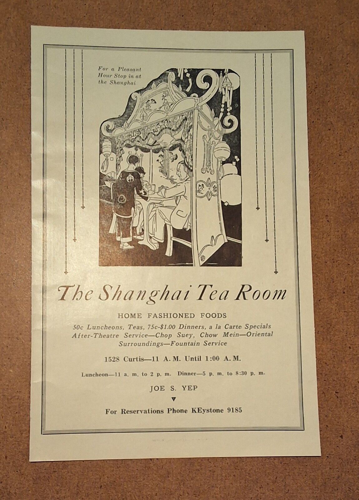Old Vintage Denver CO Restaurant Dining Decor - Shanghai Tea Room -  1931 Art AD