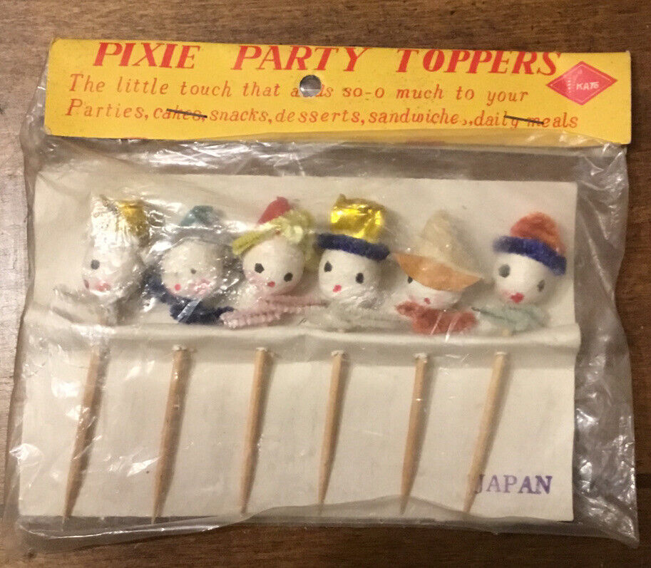 Vtg SEALED Original Package 1950s PIXIE PARTY TOPPERS Woven Cotton Heads Japan