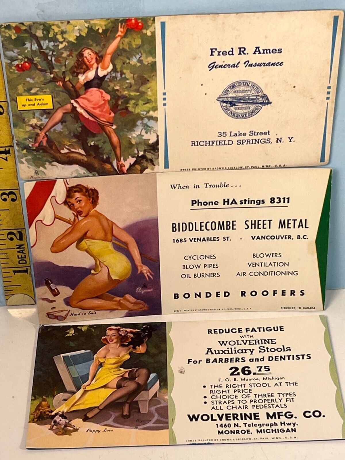 1950's Lot of 3 Gil Elvgren Pin-Up Blotter Cards Various Sellers