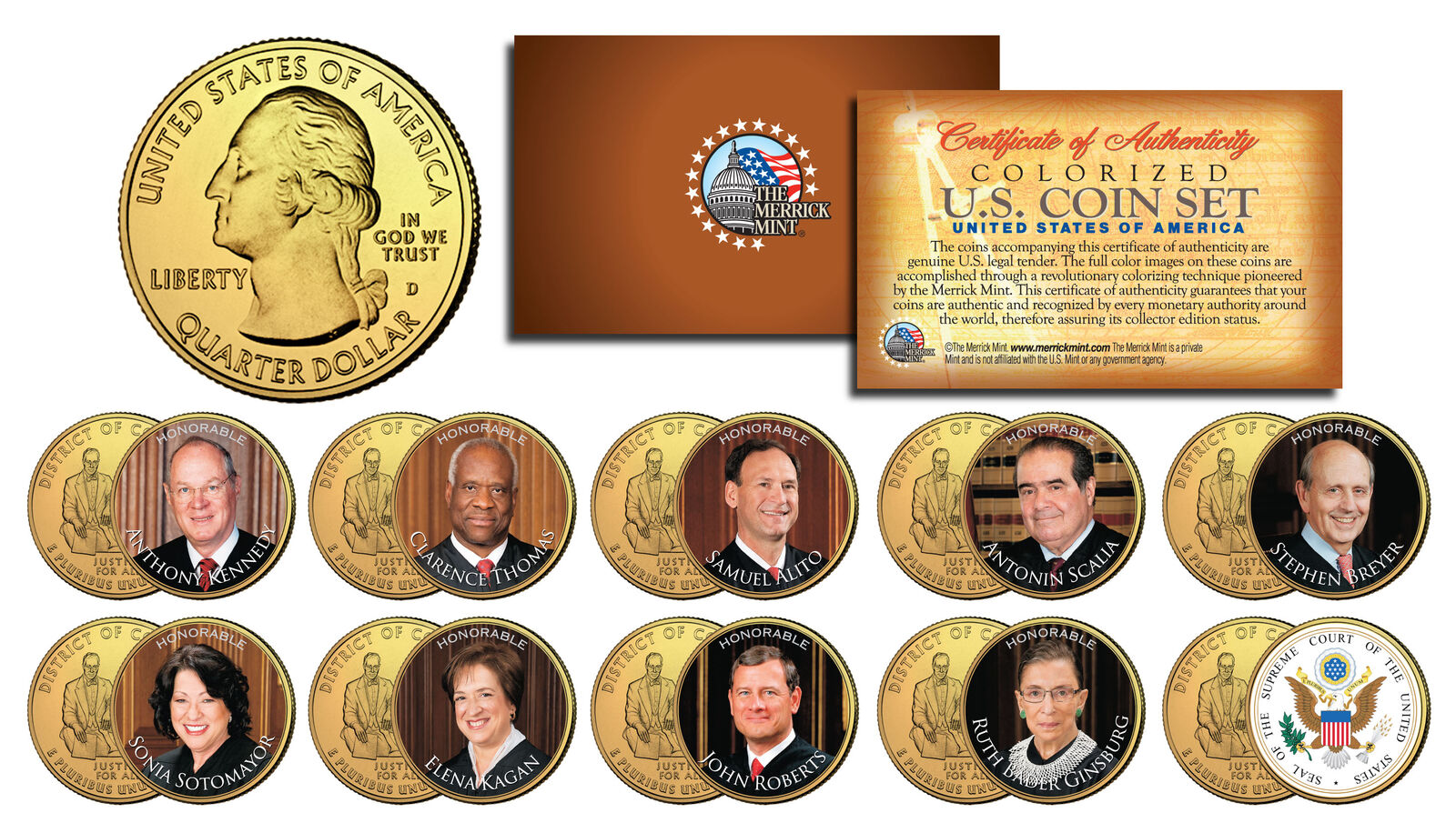 JUSTICES of US SUPREME COURT DC Quarters 10-Coin Full Set 24K Gold Plated JUDGES