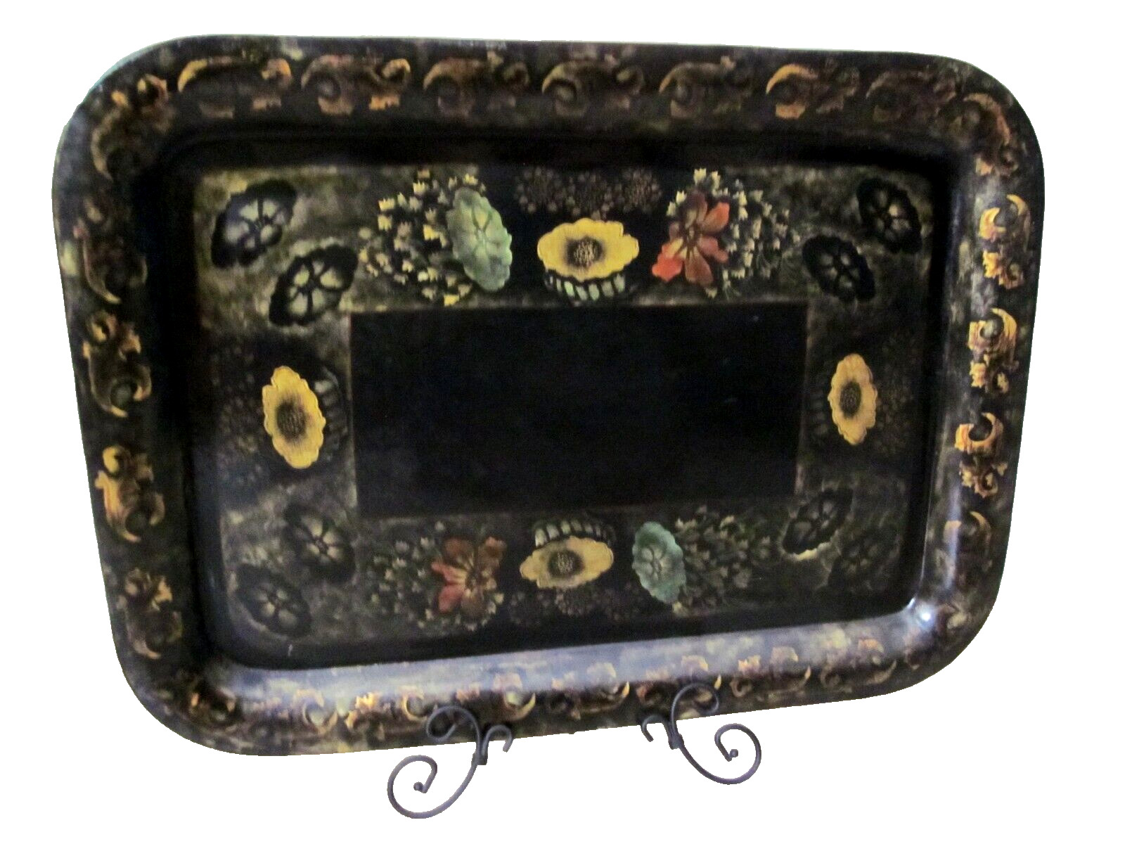Large Antique Tole Tray Black Gold Stencil Colored Flowers 20 1/2\