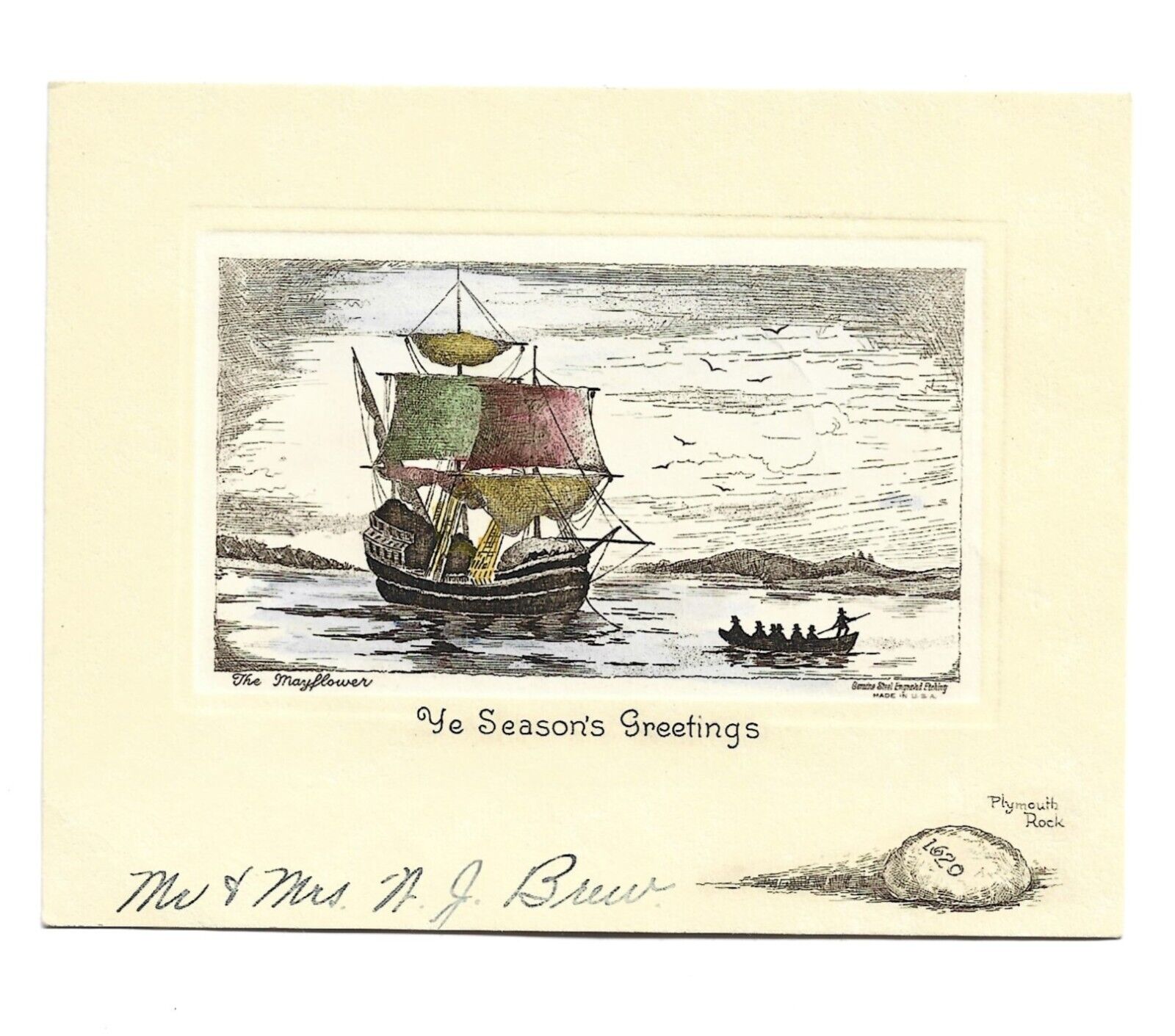 Vtg Christmas Card ShipThe Mayflower Plymouth Rock Used 1933 Env