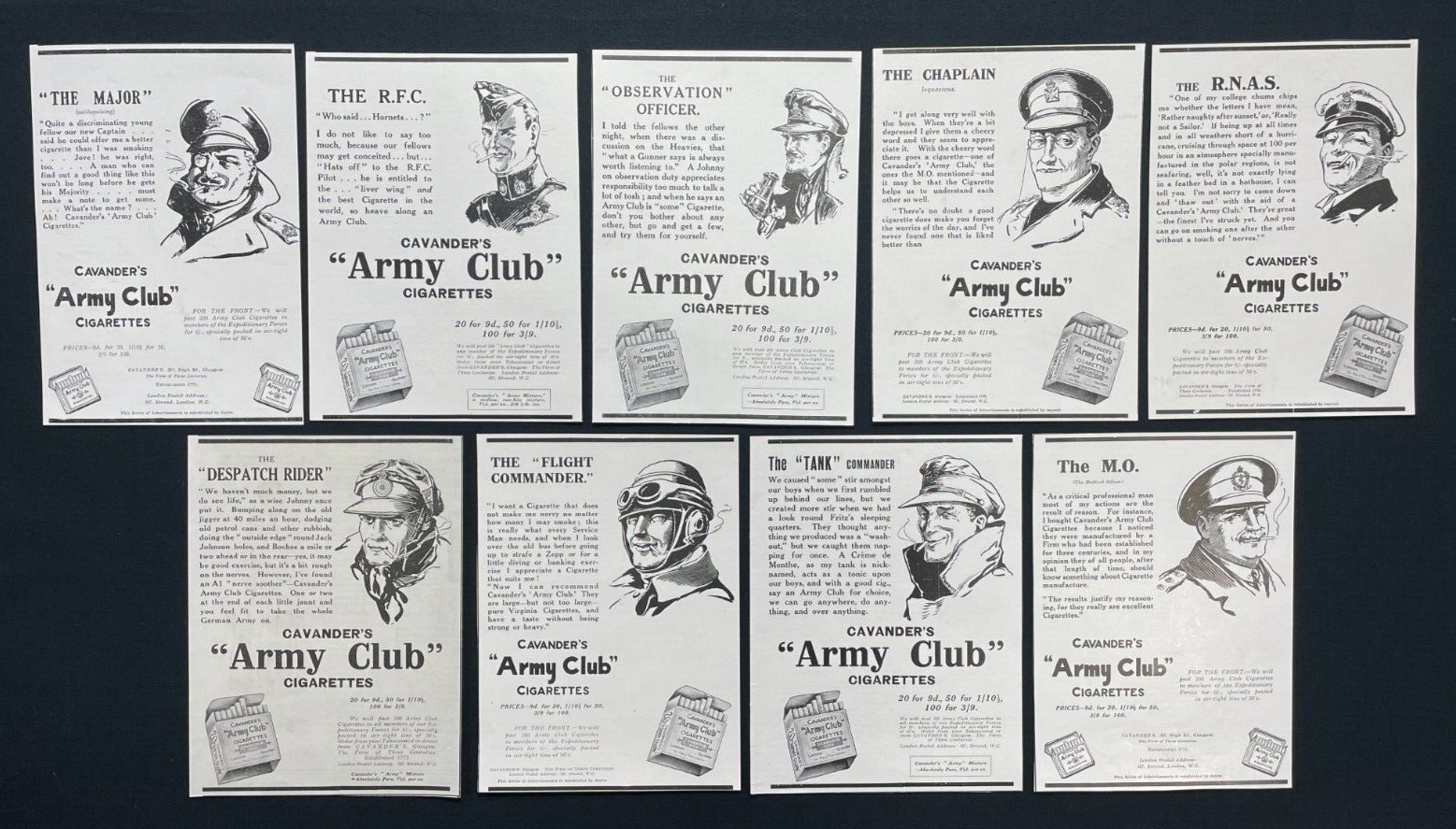Set of 9 1916 WW1 Era Print Ads, Cavander\'s Army Club Cigarettes, Military Jobs