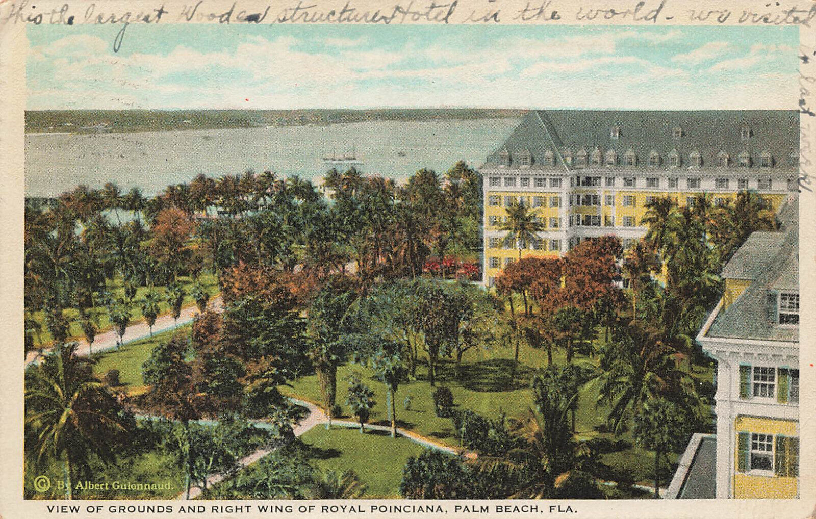RIGHT WING OF ROYAL POINCIANA HOTEL & GROUNDS POSTCARD PALM BEACH FLORIDA 1910s