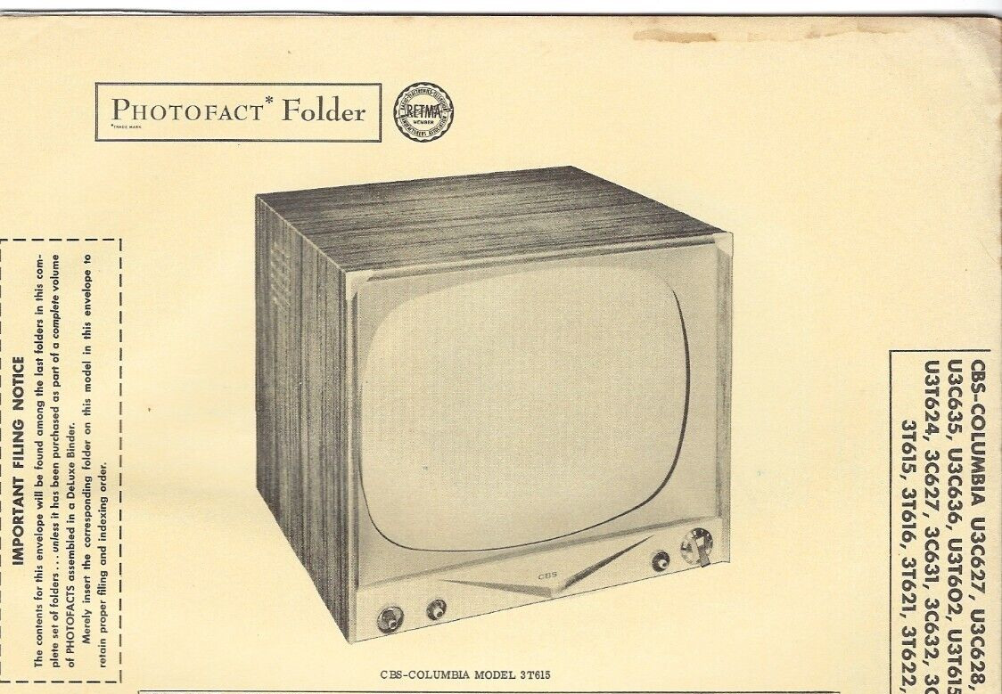 1956 CBS COLUMBIA 3T615 U3C627 TELEVISION Tv Photofact MANUAL 3C627 3C631 U3T623
