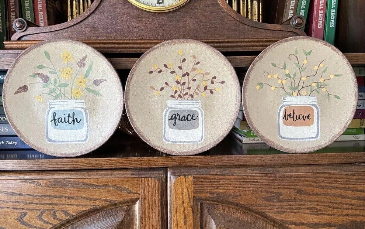 The Hearthside Collection Set Of 3 8 Inch Wooden Plates Grace, Faith, Belief New