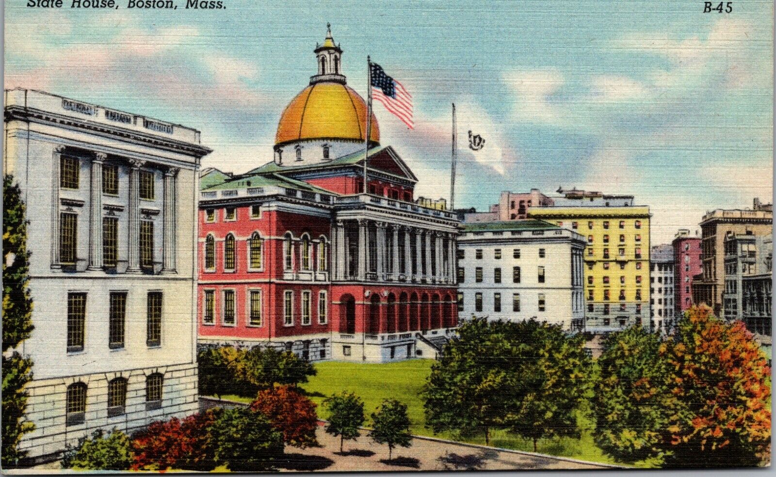 Boston MA State House Beacon Hill Boston Common Gold Dome Flags Linen Postcard