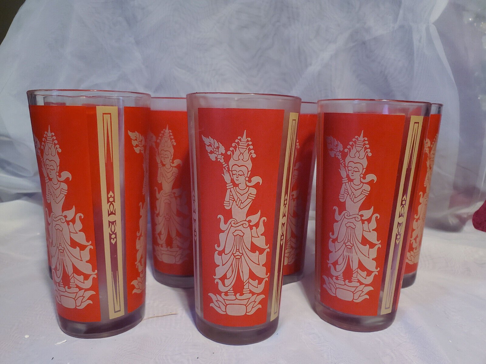 Vintage MCM Culver Red & Gold Thai Goddess Highball Glasses - Set Of 7 - 16Oz