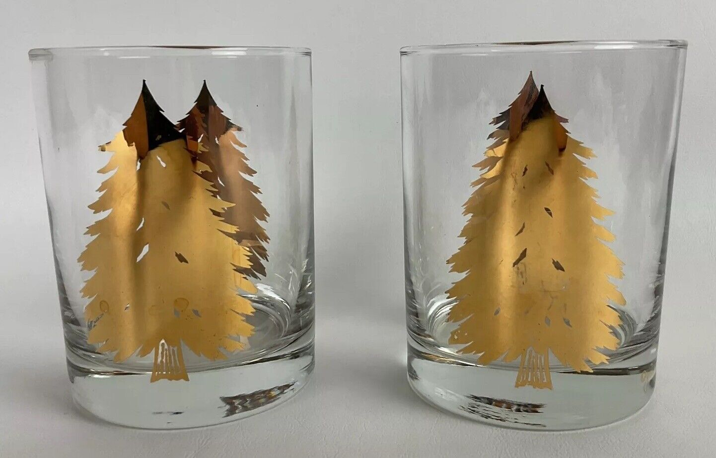 Georges Briard Double Old Fashioned Set Of 2 Glass Tumblers Gold Christmas Tree