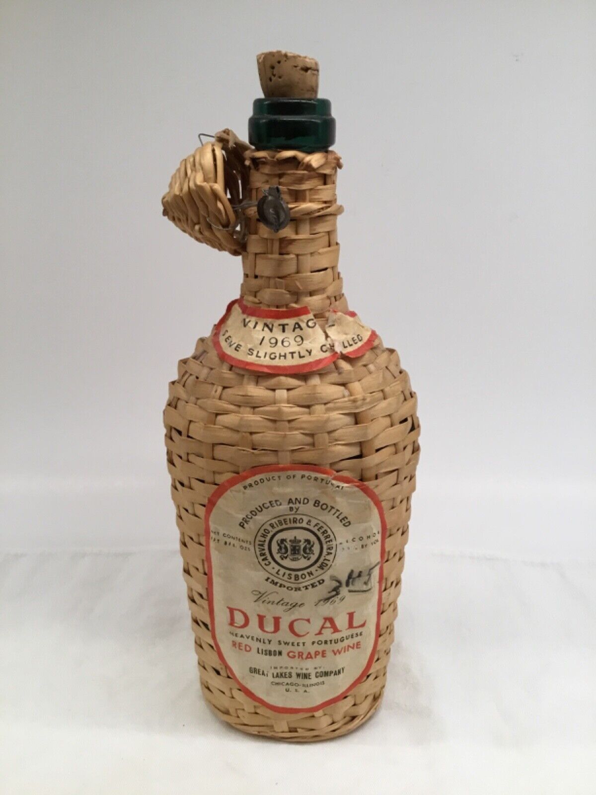 Vintage Wicker Wrapped 1969 Ducal Portuguese Red Lisbon Grape Wine Bottle
