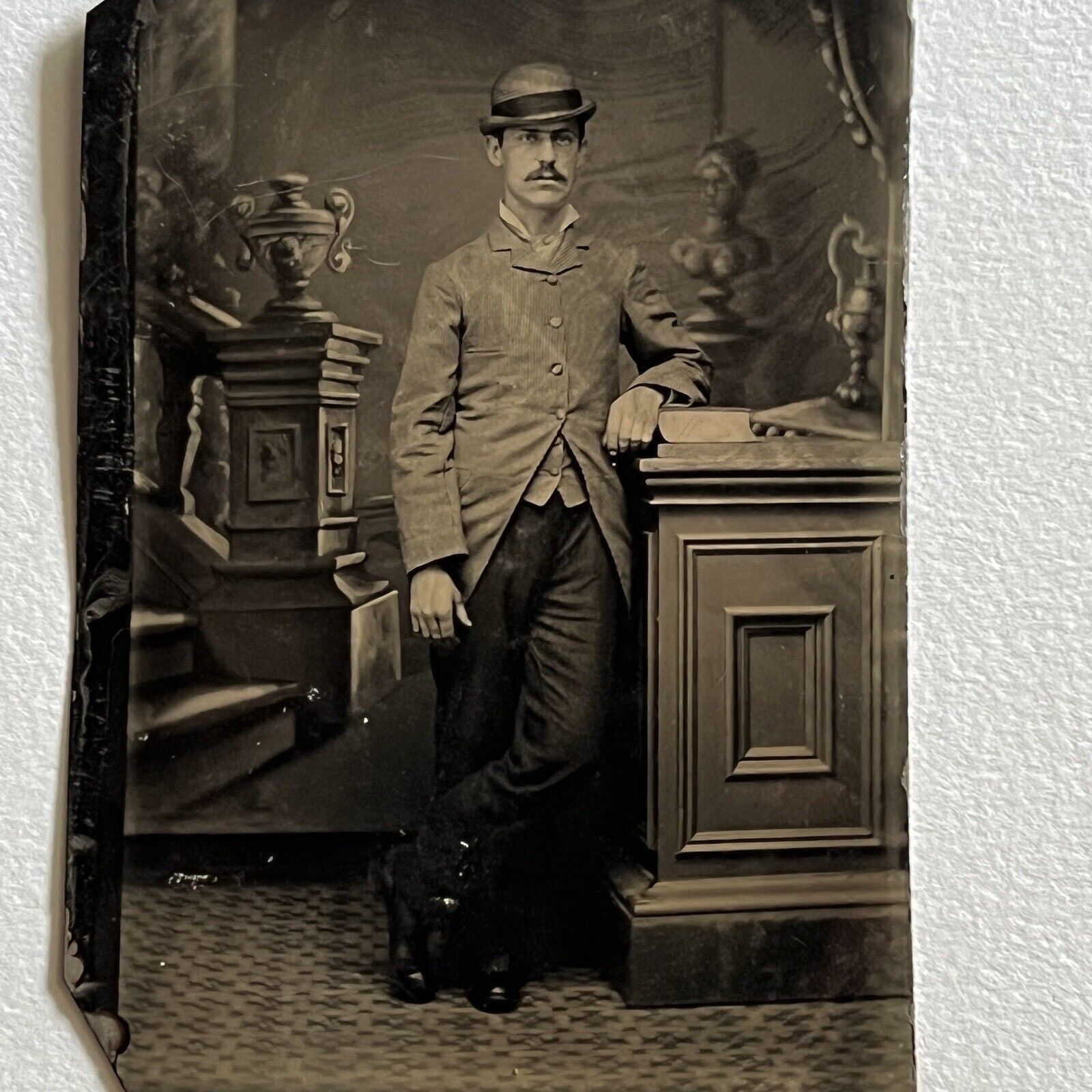 Antique Tintype Photograph Dapper Handsome Man Bowler Hat Mustache Sharp Dressed