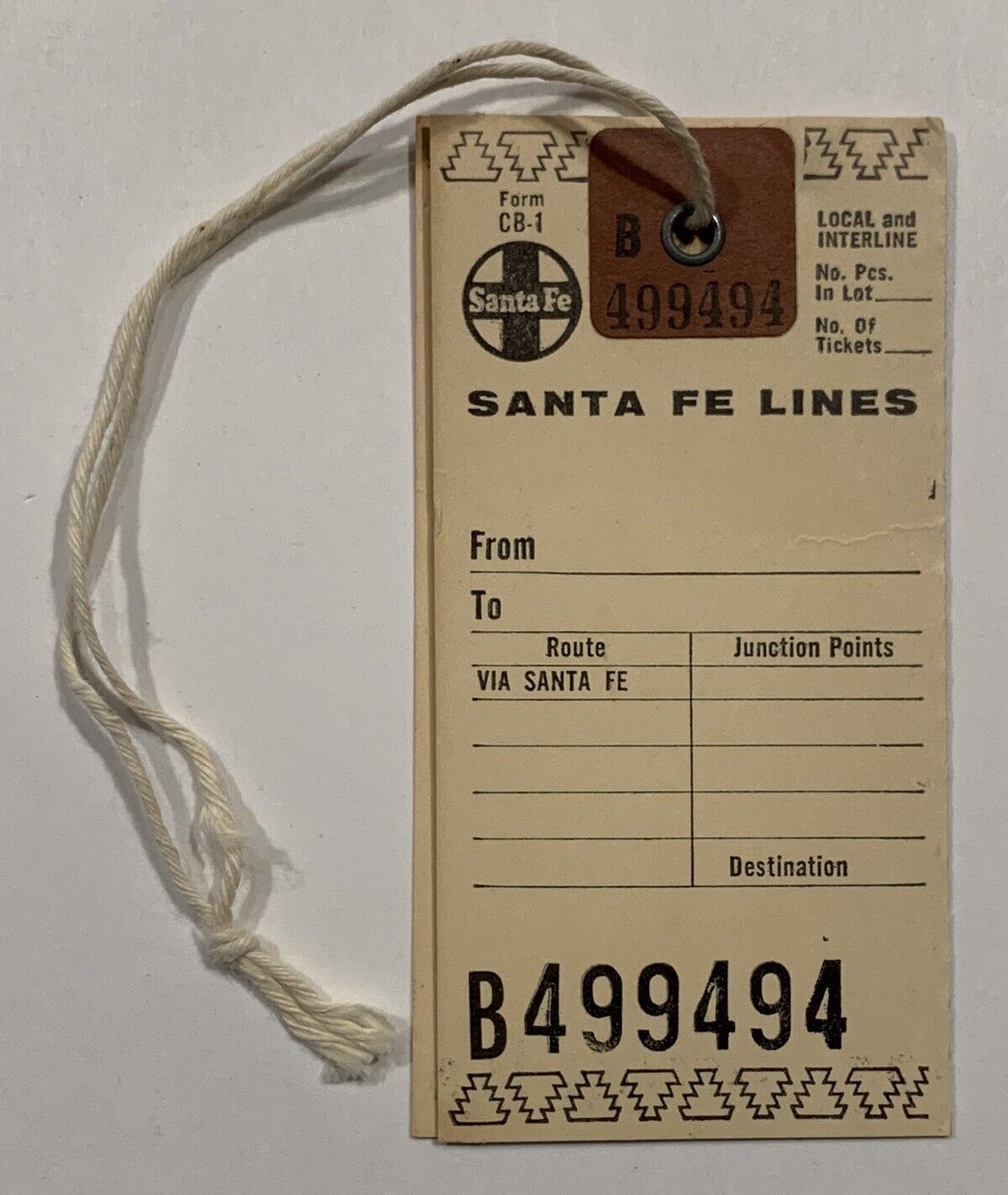  LUGGAGE TAG: SANTA FE LINES - Form CB-1 - Baggage Claim Ticket - Railroad
