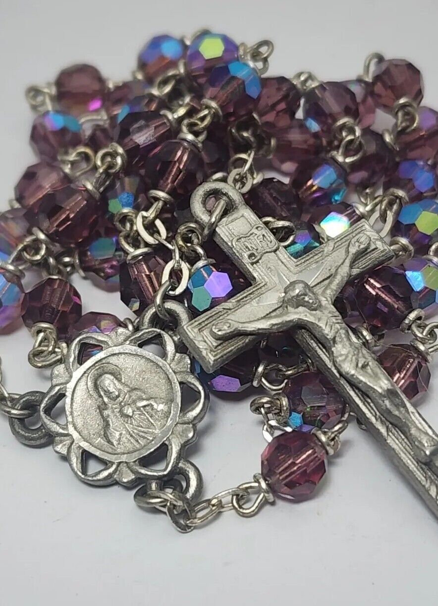 Vintage Lavender Capped Aurora Borealis Glass Bead Pewter Sacred Heart Rosary