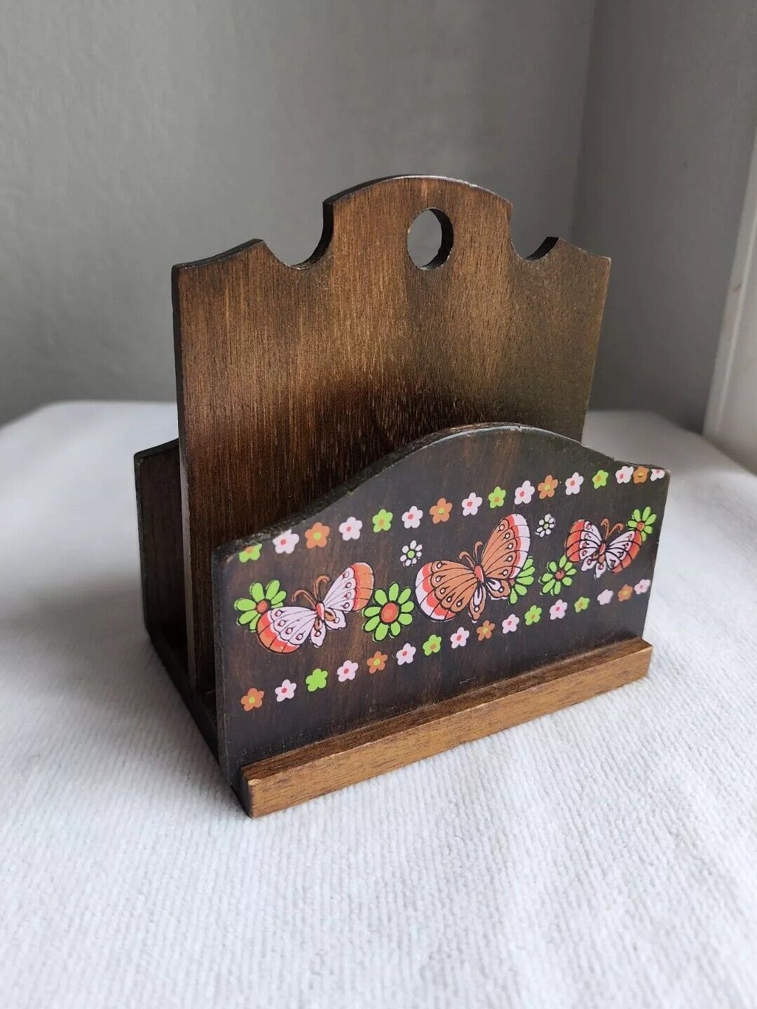 Vintage Wooden Napkin Holder W/ Butterflies & Flowers