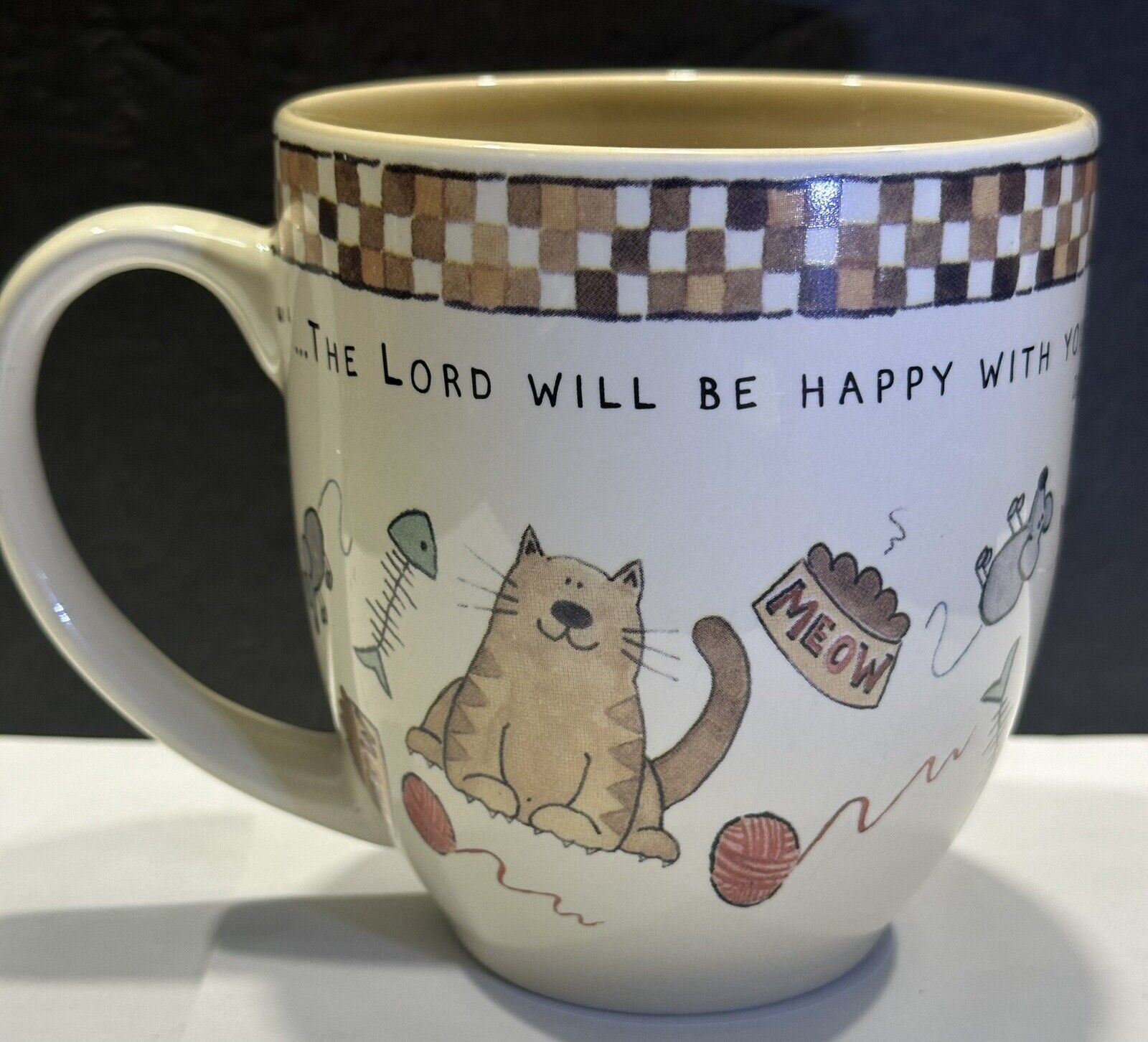 DaySpring 4” Ceramic Cat Coffee Tea Mug / Cup - Zephaniah 3:17 Bible Scripture