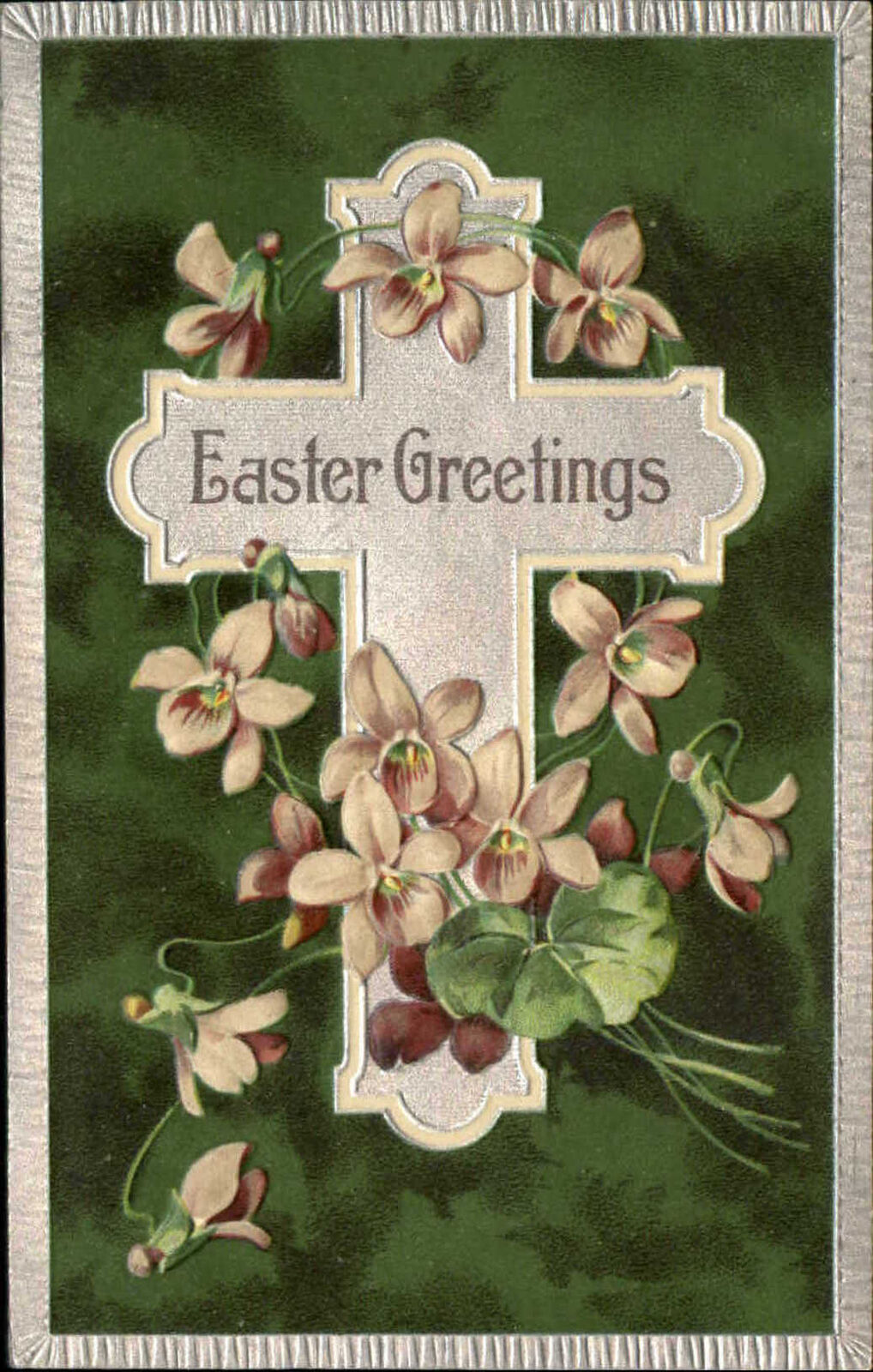 Easter Greetings silver gilt cross lavender flowers PFB c1905